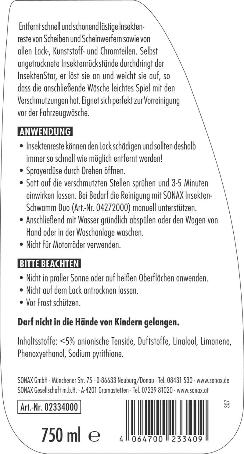 SONAX Insektenstar (750 Ml) Insektenentferner Löst Schnell & Schonend Selbst Hartnäckige & Angetrocknete Insektenverschmutzungen, Art-Nr. 02334000