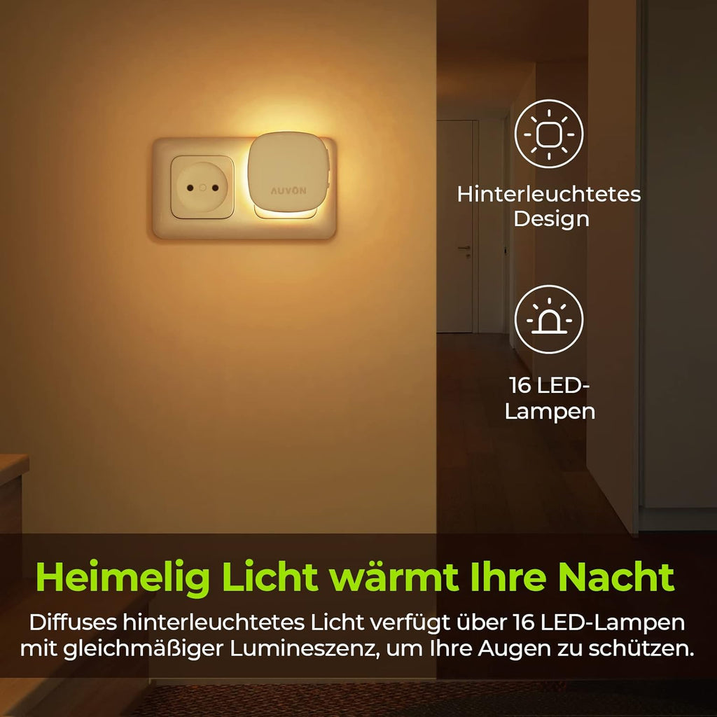 AUVON Nachtlicht Steckdose Mit Bewegungssensor Und Dämmerungssensor, 2 Stück Warmweißes LED Hinterleuchtete Nachtlicht Mit 1-50 Lm, Helligkeit Einstellbar Für Flur, Treppe, Schlafzimmer