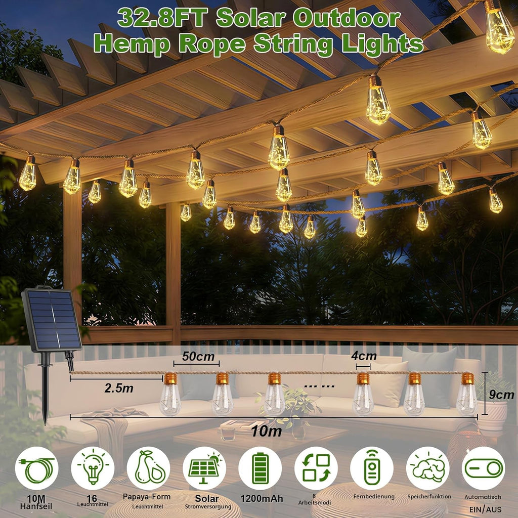 Solar Lichterkette Aussen Mit 16 S17 Glühbirnen, 10M Lichterkette Außen Wetterfest Warmweiß 8 Modi Memory-Funktion Timer Vintage Hanfseil Solarlichterketten Für Garten Terasse Balkon Hochzeit Party