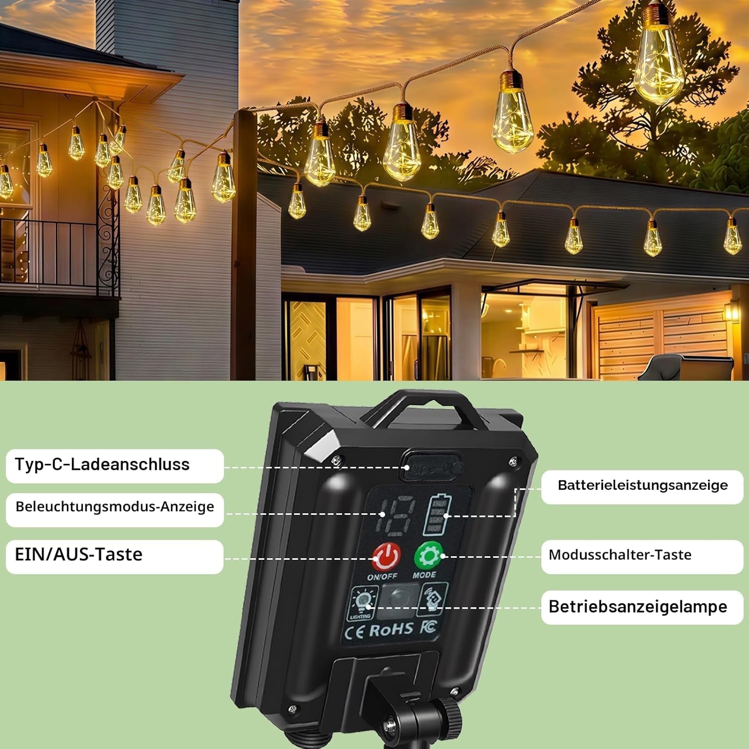 Solar Lichterkette Aussen Mit 16 S17 Glühbirnen, 10M Lichterkette Außen Wetterfest Warmweiß 8 Modi Memory-Funktion Timer Vintage Hanfseil Solarlichterketten Für Garten Terasse Balkon Hochzeit Party