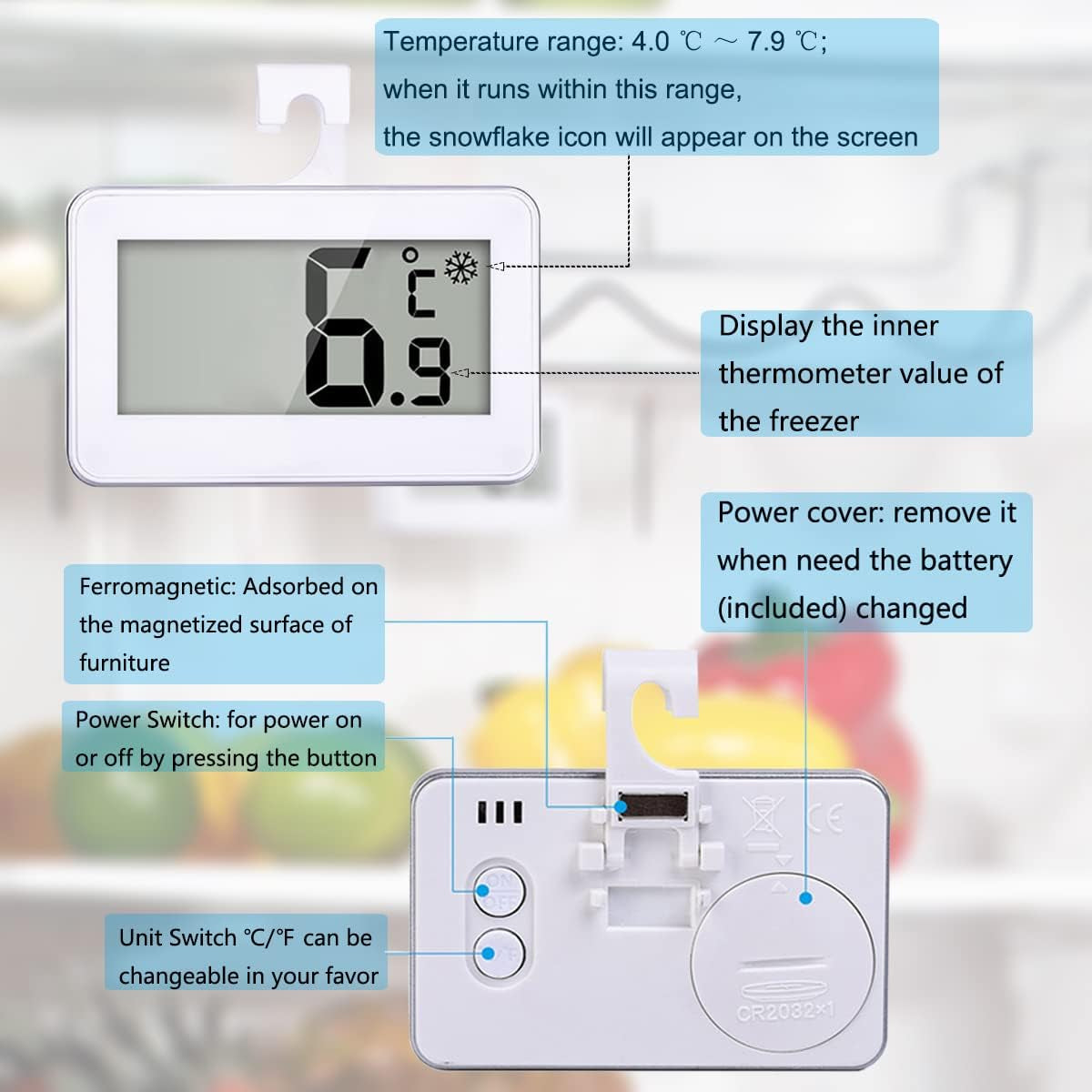 Kühlschrankthermometer, Digitale Wasserdichte Thermometer Kühlschrank Mit Gefrierfach Thermometer Mit Gut Lesbarem Lcd-Anzeige Lesen Perfekt Für Lnnen/Außen/Home/Restaurants/Bars/Cafés (Weiß-1)