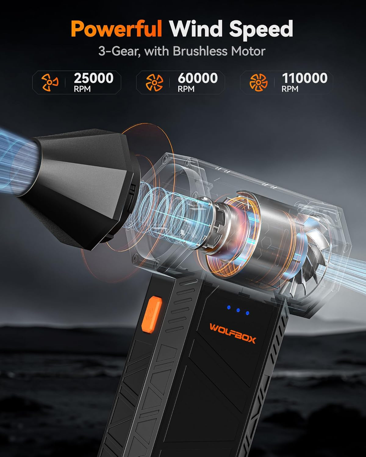 WOLFBOX Megaflow 50 Electric Air Duster-110000Rpm Super Power Cordless Air Duster, 3-Gang Einstellbare Mini-Gebläse Mit Akku, Staubbläser Für Computer, Tastatur, Haus, Outdoor Und Auto