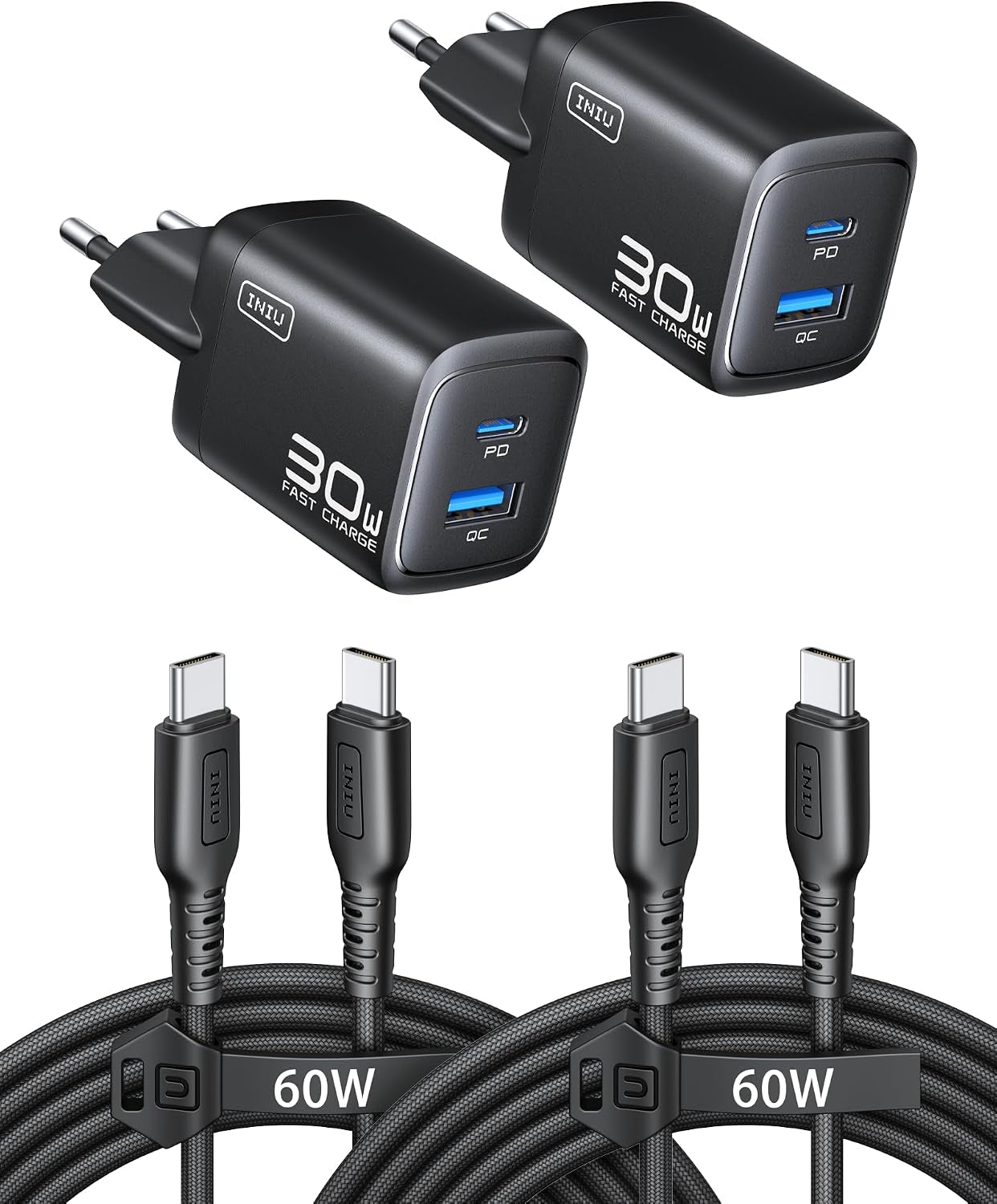 INIU 30W USB C Ladegerät, Gan Schnellladegerät Mit 1,5M 60W Kabel, Dual-Port Netzteil Mit Intelligentem Geräteschutz Für Iphone 17 16 Pro Max, Ipad Macbook Air Galaxy S26 Pixel Xiaomi [2-Pack Schwarz]