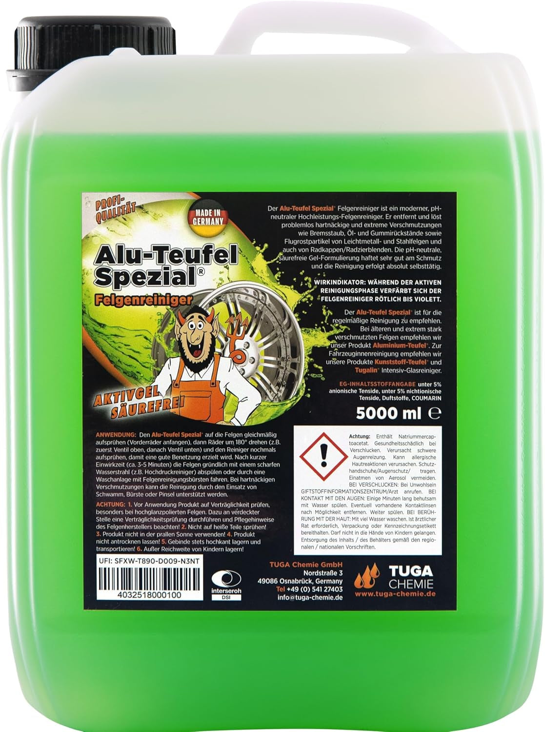 Tuga Chemie Alu-Teufel Spezial Felgenreiniger Grün – Profi Felgenreinigung Von Bremsstaub & Schmutz – Ph-Hautneutral, Materialschonend, Glanzverstärkend – 1 L Flasche – Made in Germany