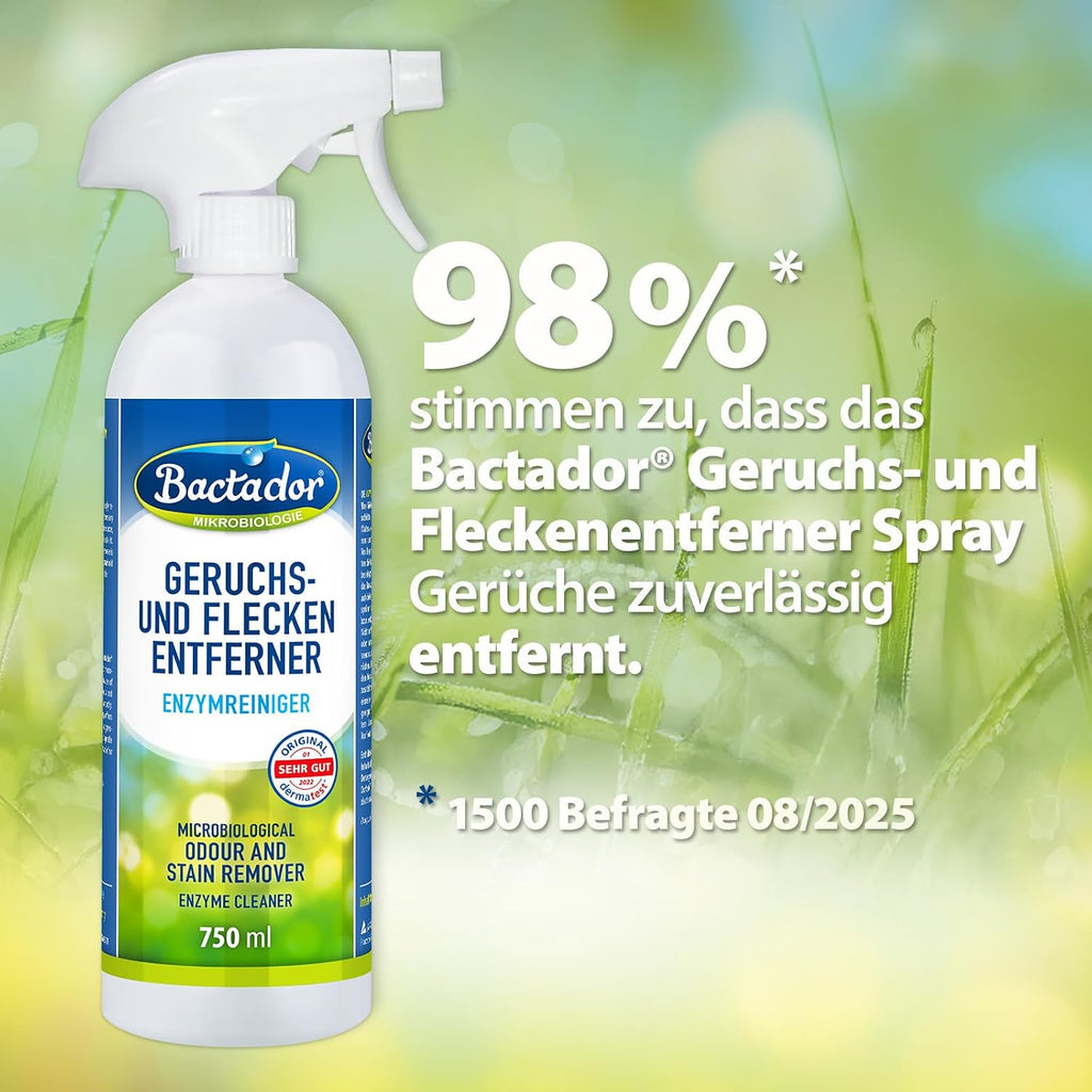 Bactador Enzymreiniger Spray 750Ml - Geruchsentferner & Fleckenentferner, Hundeurin & Katzenurin Entferner, Mikrobiologischer Geruchsneutralisierer, Polsterreiniger, Porentiefe Reinigung