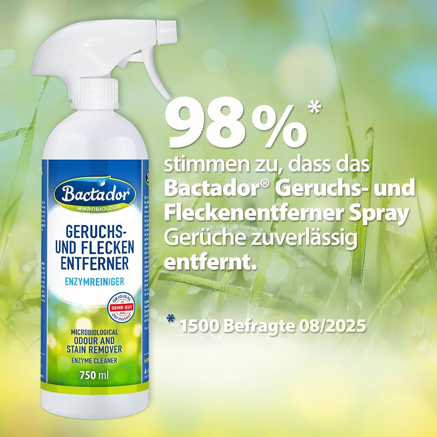 Bactador Enzymreiniger Spray 750Ml - Geruchsentferner & Fleckenentferner, Hundeurin & Katzenurin Entferner, Mikrobiologischer Geruchsneutralisierer, Polsterreiniger, Porentiefe Reinigung