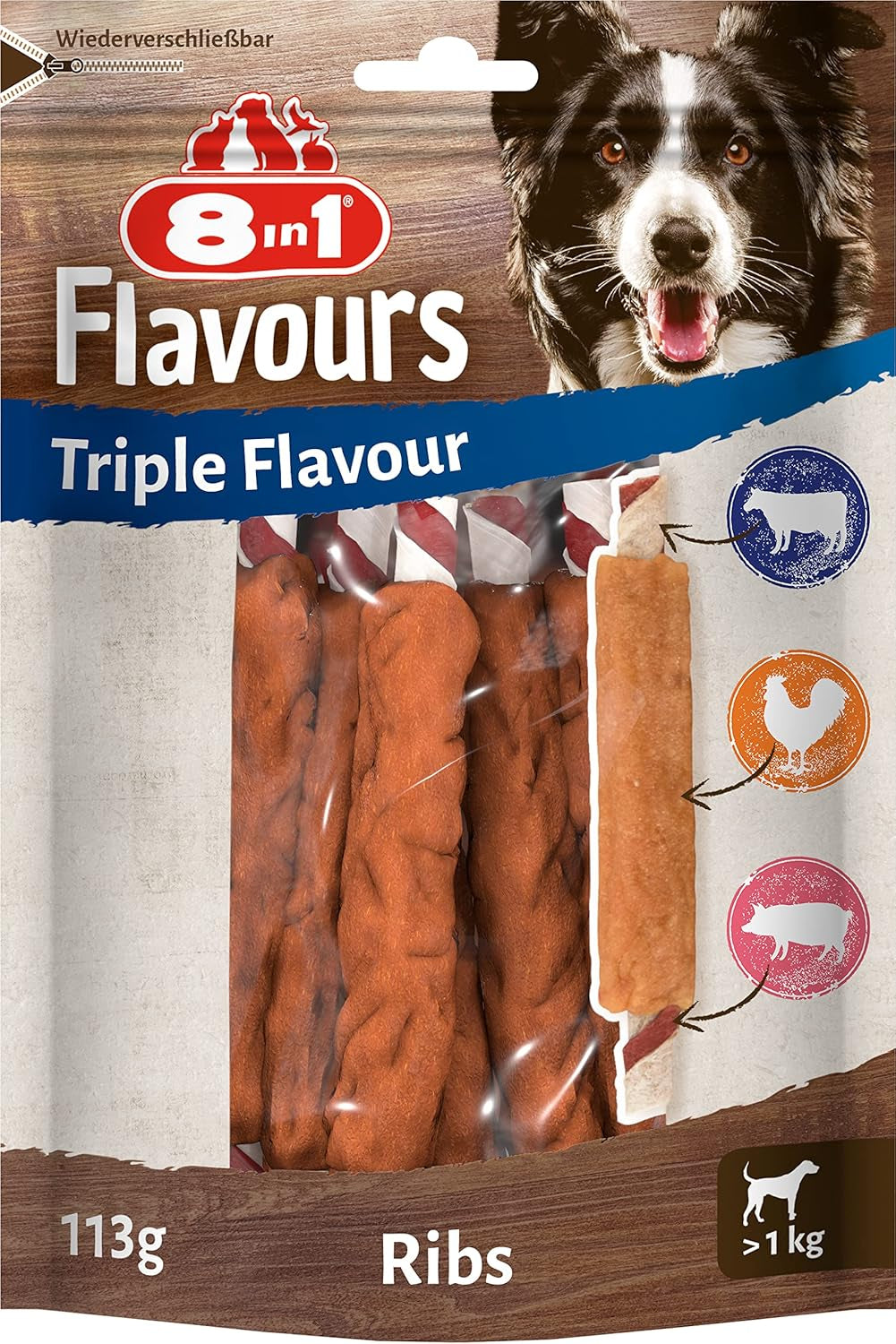 8In1 Triple Flavour Rolls Kaustangen Für Hunde - Kausnacks Mit Extra Viel Fleisch, 113G Beutel (3 Stück)