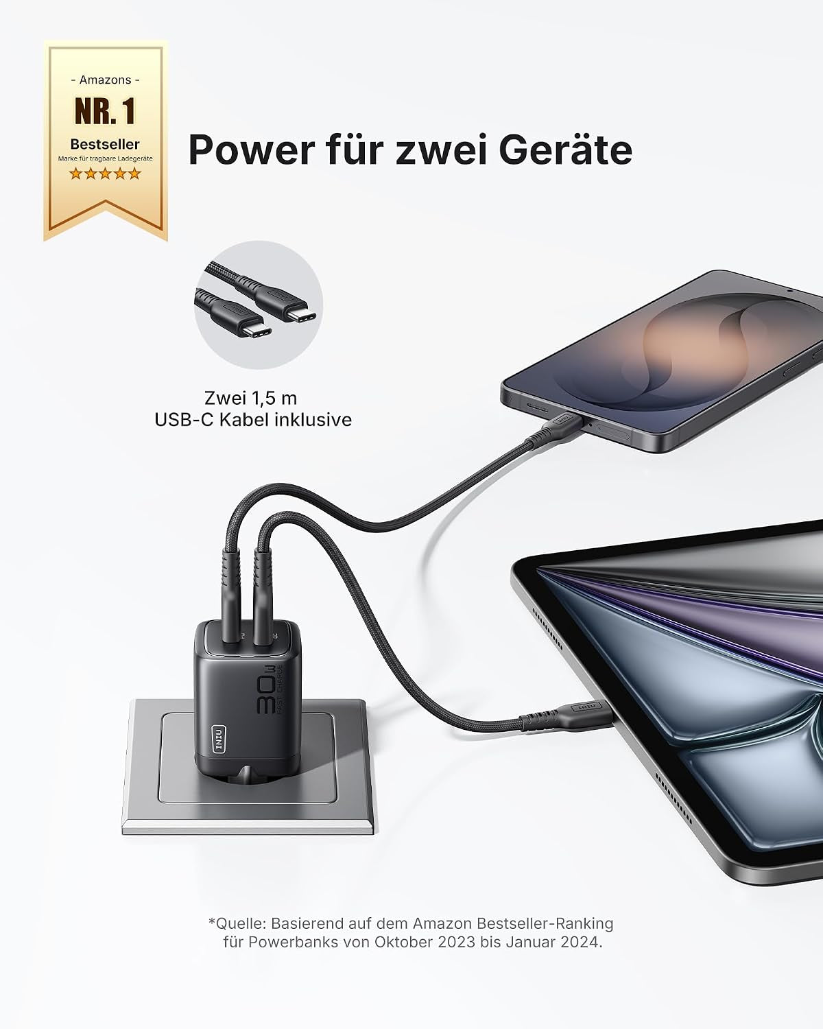 INIU 30W USB C Ladegerät, Gan Schnellladegerät Mit 1,5M 60W Kabel, Dual-Port Netzteil Mit Intelligentem Geräteschutz Für Iphone 17 16 Pro Max, Ipad Macbook Air Galaxy S26 Pixel Xiaomi [2-Pack Schwarz]