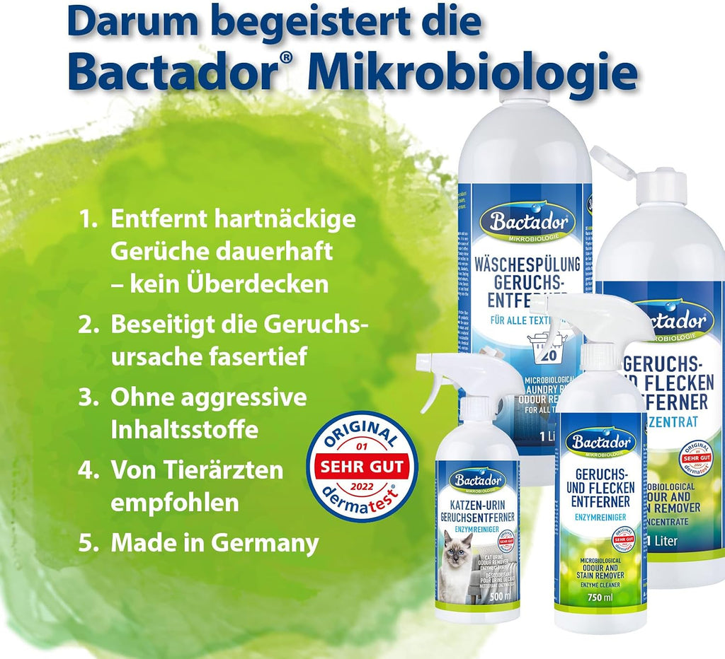 Bactador Enzymreiniger Spray 750Ml - Geruchsentferner & Fleckenentferner, Hundeurin & Katzenurin Entferner, Mikrobiologischer Geruchsneutralisierer, Polsterreiniger, Porentiefe Reinigung