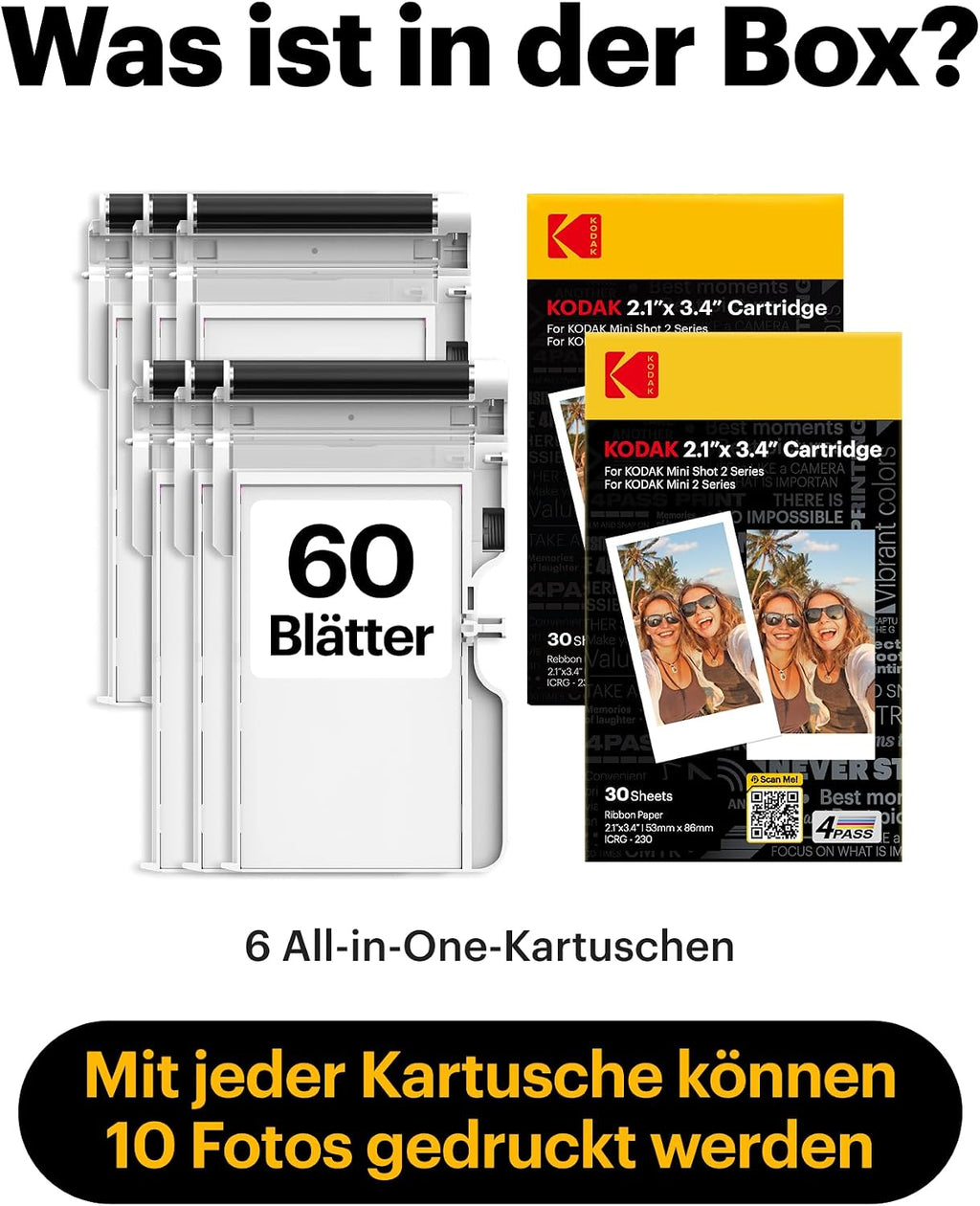 KODAK 60Er Packung, Fotopapier, 54X86 Mm, Patronen, All-In-One Papier- Und Farbbandpatronen-Nachfüllung - Kompatibel Mit Mini 2 Und Mini Shot 2 Serie