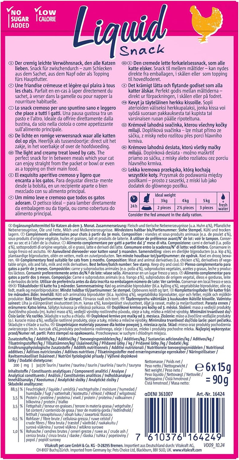 Vitakraft Liquid Snack, Katzen Leckerli, Katzensnack Cremig, Mit Huhn Und Taurin, in Einzelnen Sachets, Unterstützt Die Augen Und Das Herz (1 Paket Mit 6X 15G)