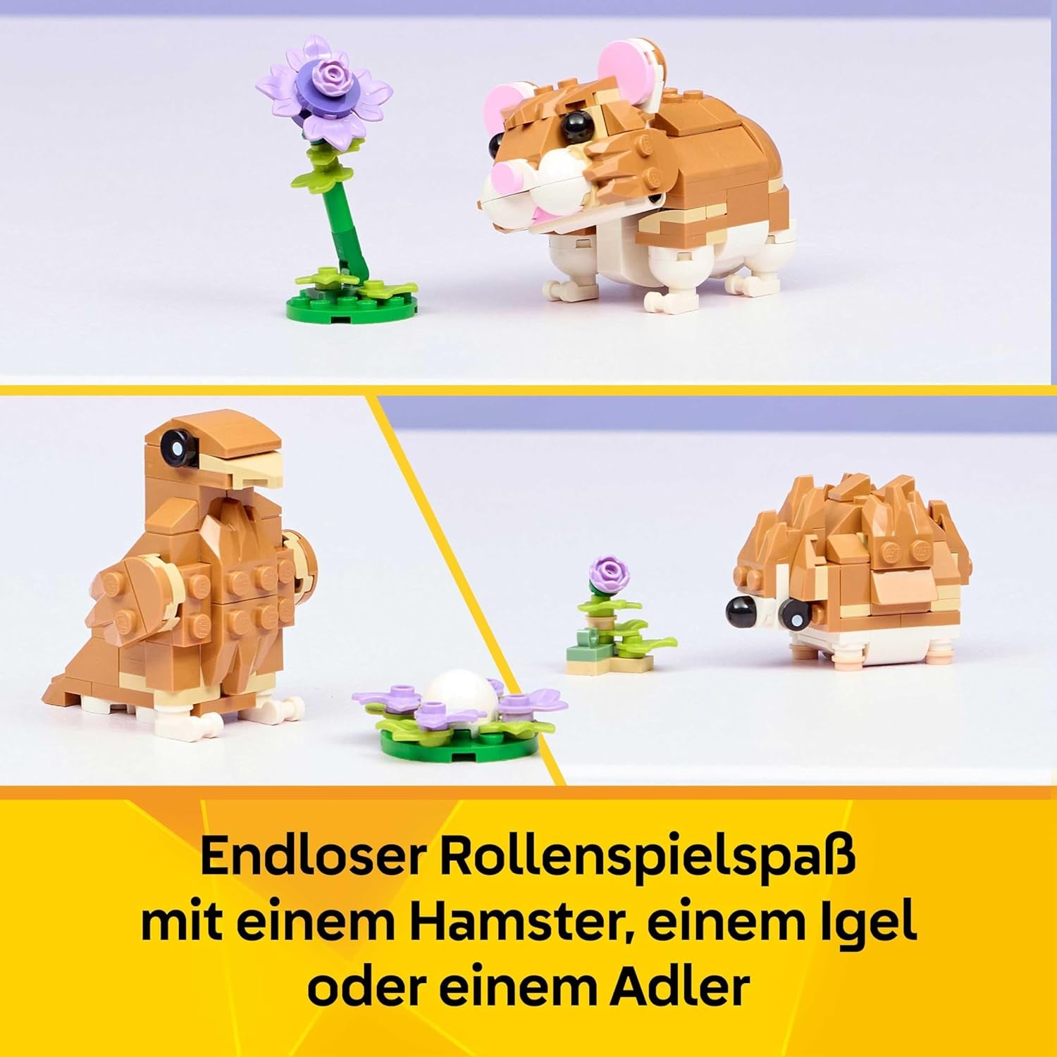 LEGO Creator 3In1 Cute Hamster with a Flower Toy - Animal Figure Transforms into a Hedgehog or Eagle - DIY Room Decor Idea - Birthday Gift for 7+ Year Old Girls & Boys - 31376