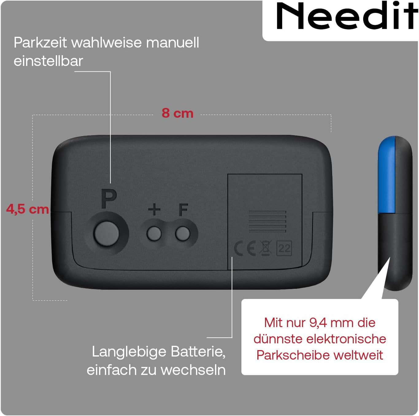 Needit Elektronische Parkscheibe Park Micro I Die Weltweit Dünnste Automatische Parkscheibe Mit Kba-Zulassung I Kompakte, Digitale Parkuhr Mit Gut Lesbarem Display I Langlebige Batterie, 9,4 Mm Dünn