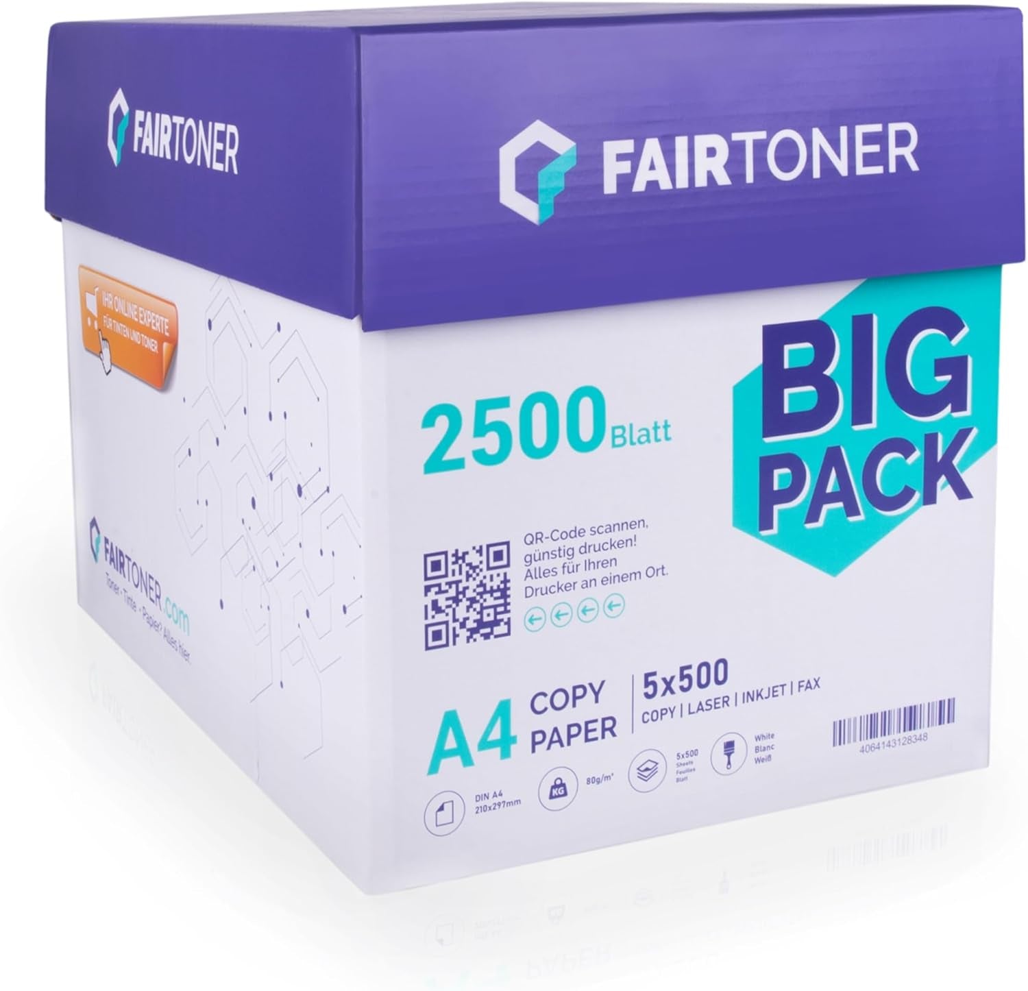 Fairtoner Kopierpapier 2500 Blatt DIN-A4 80G, Weiß (5 X 500 Blatt / 5Er Pack) Universal Druckerpapier Für Laserdrucker Und Tintenstrahldrucker Geeignet