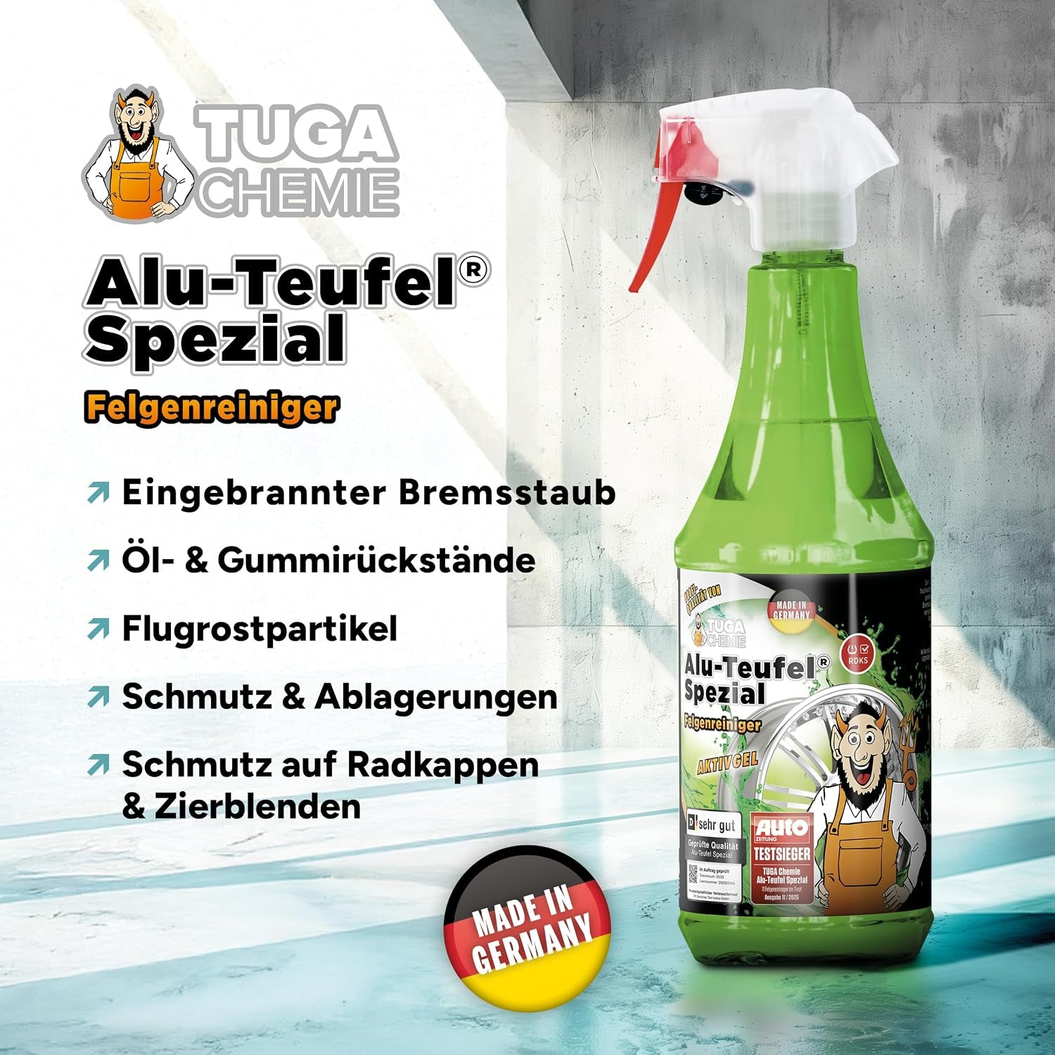 Tuga Chemie Alu-Teufel Spezial Felgenreiniger Grün – Profi Felgenreinigung Von Bremsstaub & Schmutz – Ph-Hautneutral, Materialschonend, Glanzverstärkend – 1 L Flasche – Made in Germany