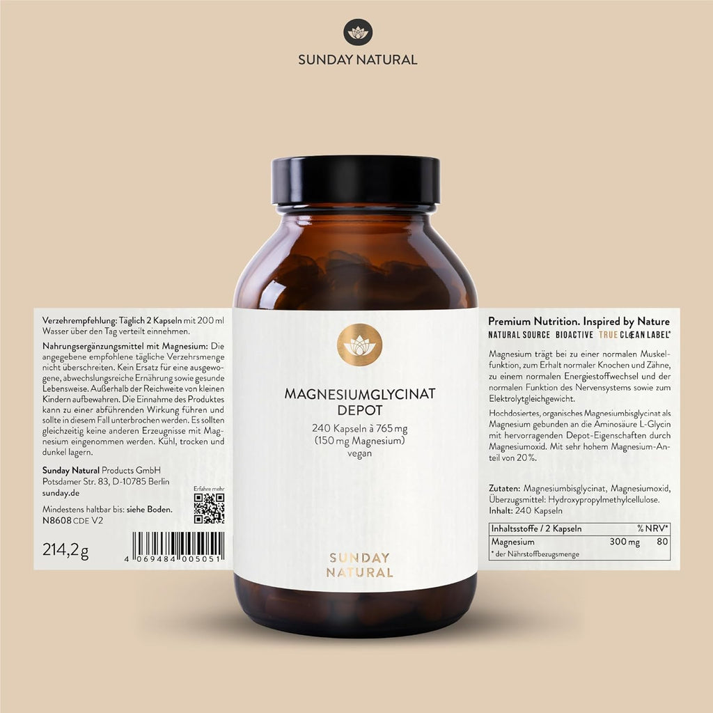 SUNDAY NATURAL® Magnesium Bisglycinat - 240 Kapseln - 300Mg Reines Magnesium Pro Tagesdosis - Depot Magnesiumglycinat Als Organisches Aminosäurechelat - Laborgeprüft, Vegan
