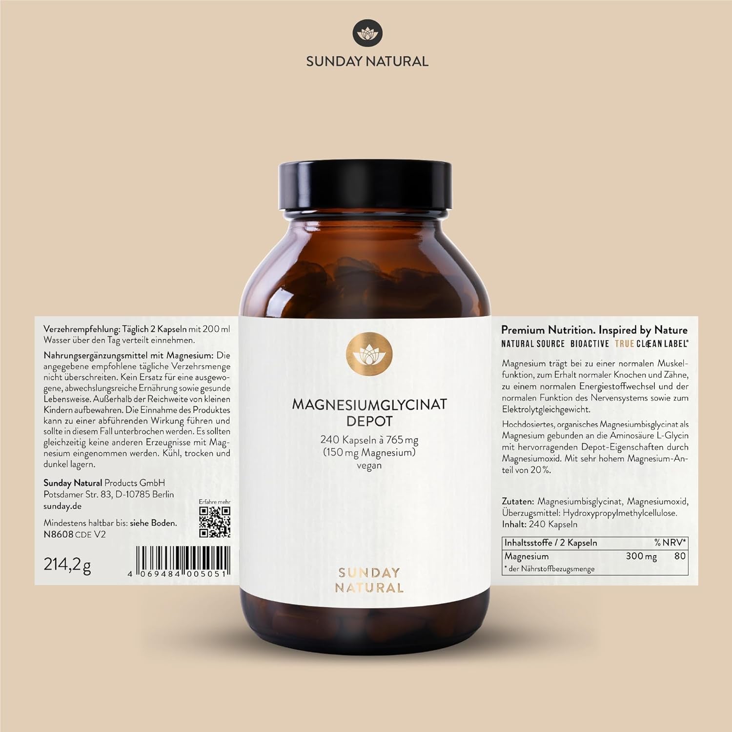 SUNDAY NATURAL® Magnesium Bisglycinat - 240 Kapseln - 300Mg Reines Magnesium Pro Tagesdosis - Depot Magnesiumglycinat Als Organisches Aminosäurechelat - Laborgeprüft, Vegan