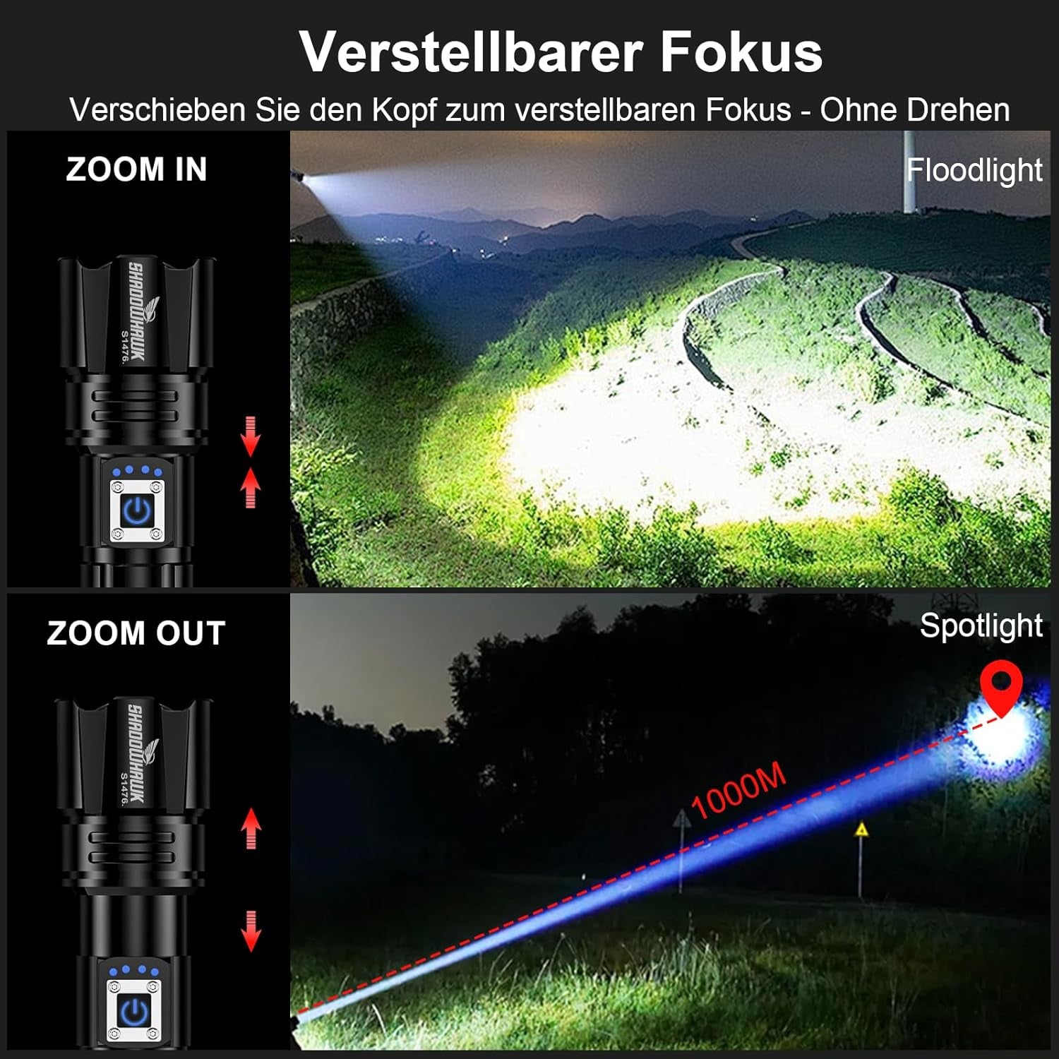 Shadowhawk Taschenlampe Led 500,000 Lumen, Extrem Hell Taschenlampe USB Aufladbar Taktische Taschenlampen Mit Holster XHP70.2, IP67 Wasserdicht 5 Lichtmodi Für Camping Wandern Notfälle