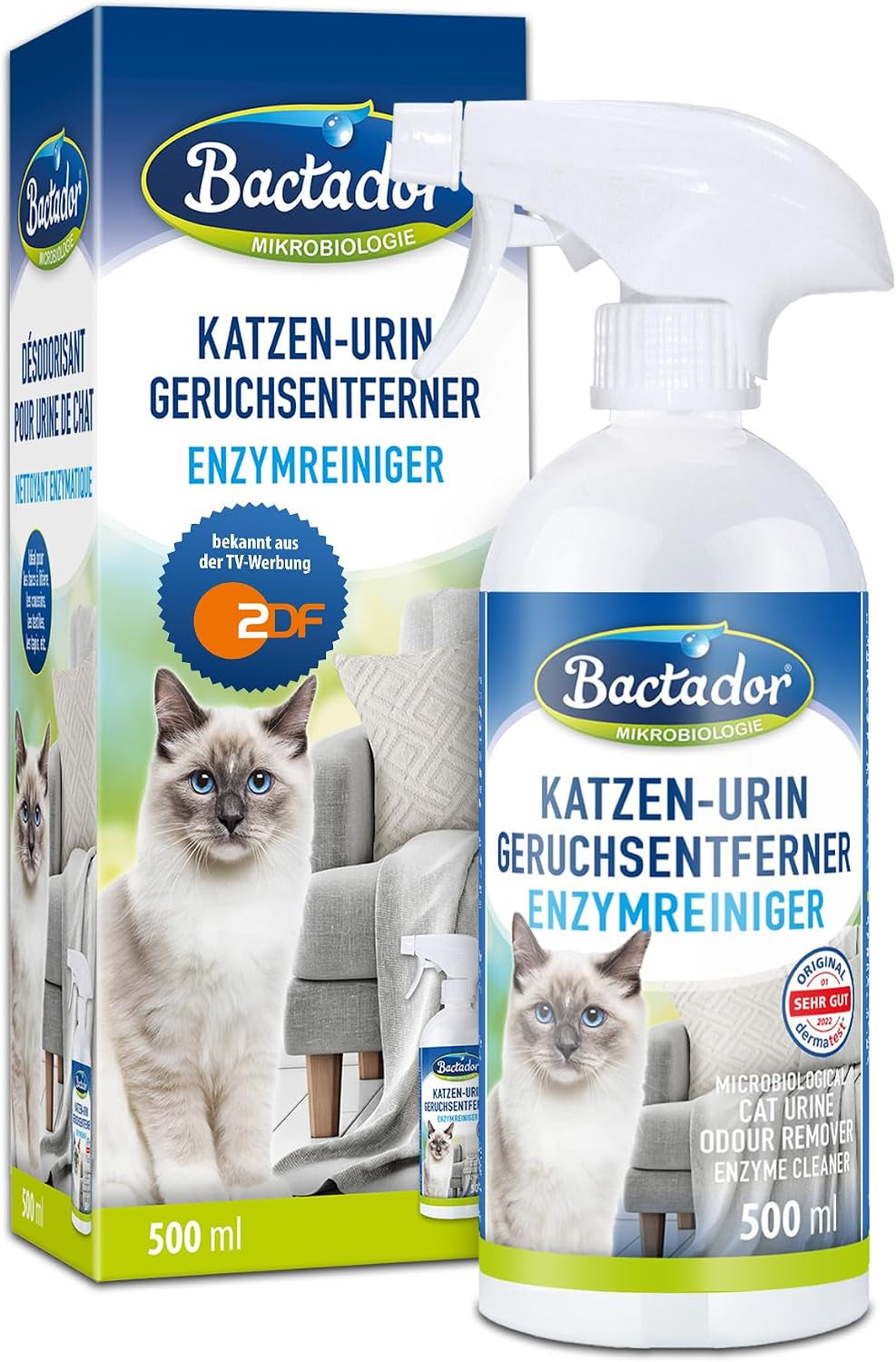 Bactador Enzymreiniger Spray 750Ml - Geruchsentferner & Fleckenentferner, Hundeurin & Katzenurin Entferner, Mikrobiologischer Geruchsneutralisierer, Polsterreiniger, Porentiefe Reinigung