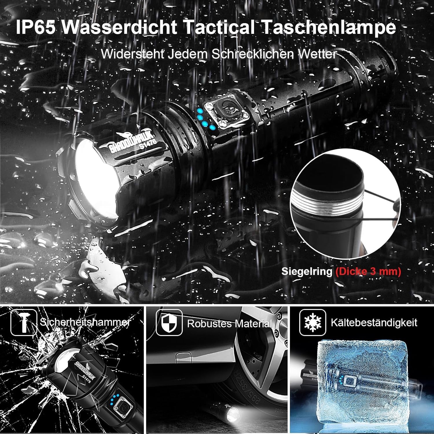 Shadowhawk Taschenlampe Led 500,000 Lumen, Extrem Hell Taschenlampe USB Aufladbar Taktische Taschenlampen Mit Holster XHP70.2, IP67 Wasserdicht 5 Lichtmodi Für Camping Wandern Notfälle