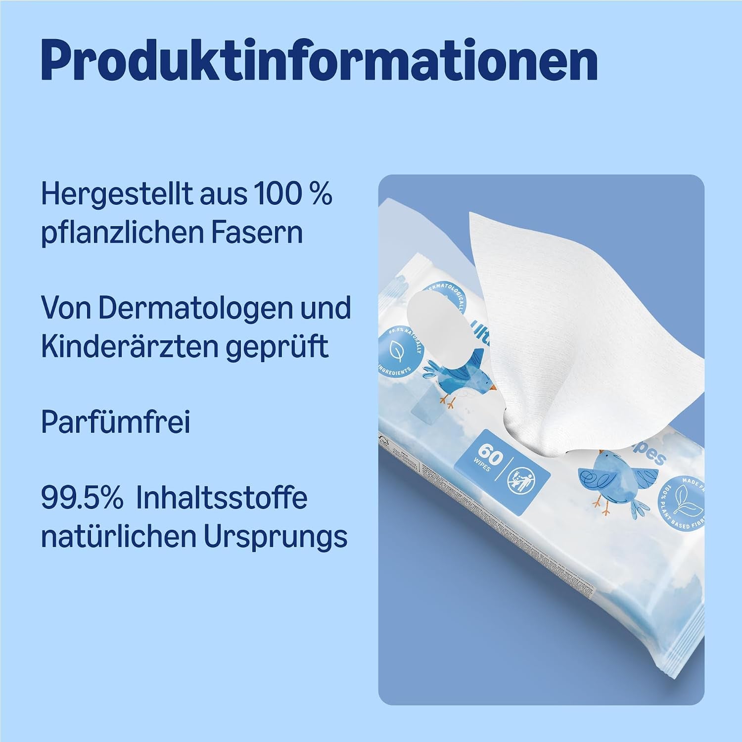 By Amazon Ultrasensitive Babyfeuchttücher, 100% Pflanzliche Fasern, 99% Wasser, 1080 Tücher, Unparfümiert, 18 Packungen À 60 Stück