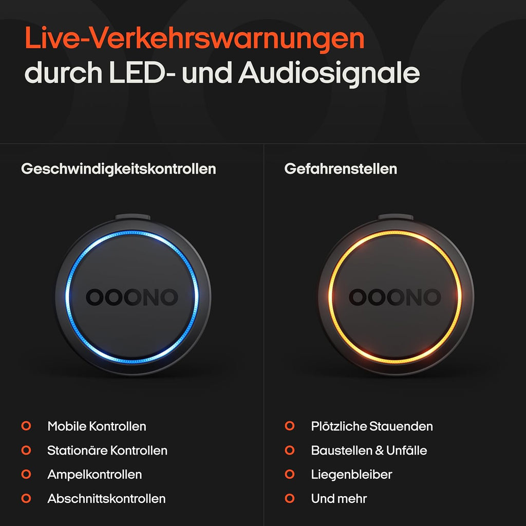 OOONO Co-Driver NO2 - Optimierter Co-Driver Fürs Auto - Warnt Vor Tempo-Kontrollen Und Gefahrenstellen - Wiederaufladbar - Led-Anzeige - Carplay & Android Auto Kompatibel