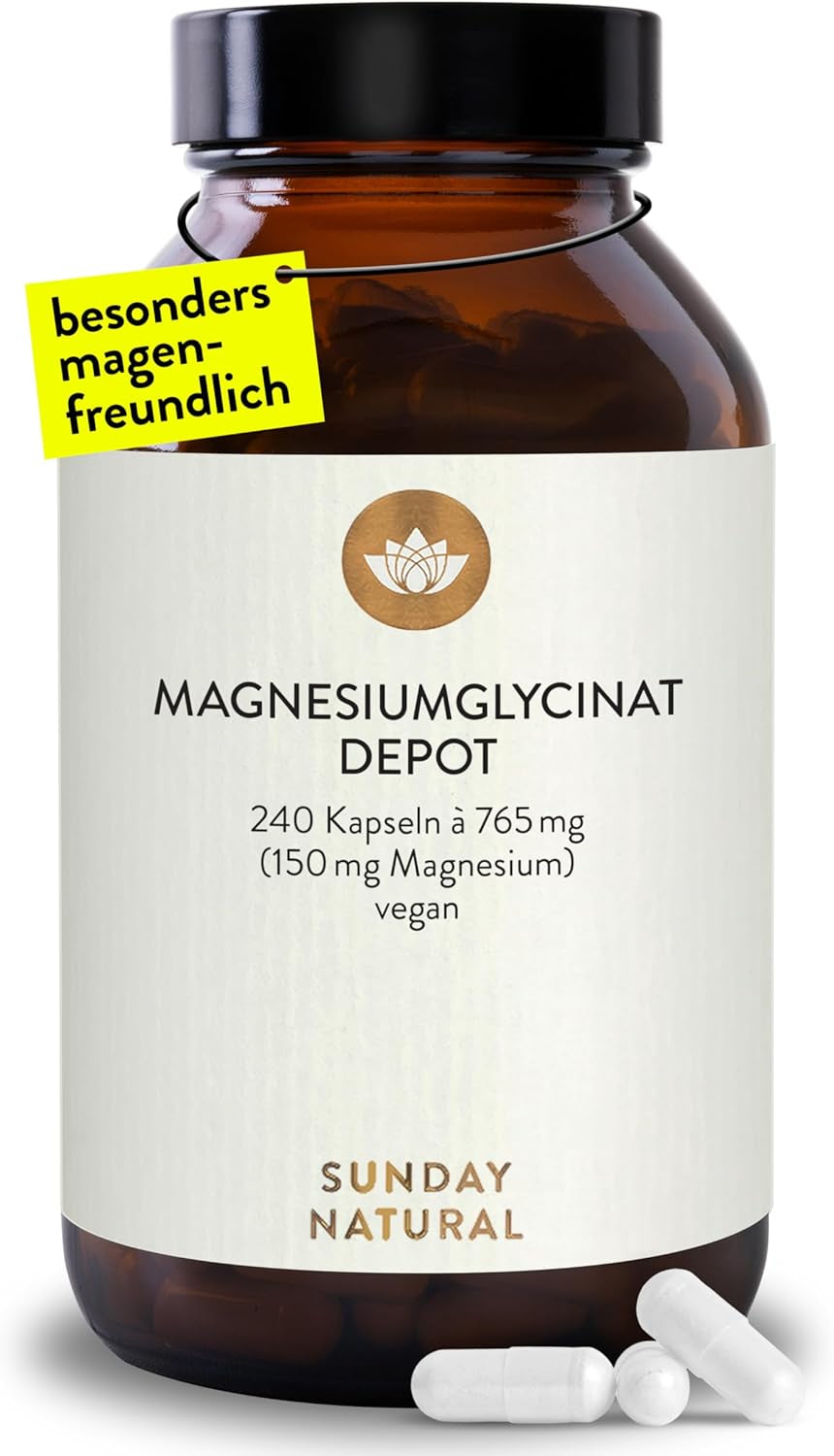 SUNDAY NATURAL® Magnesium Bisglycinat - 240 Kapseln - 300Mg Reines Magnesium Pro Tagesdosis - Depot Magnesiumglycinat Als Organisches Aminosäurechelat - Laborgeprüft, Vegan