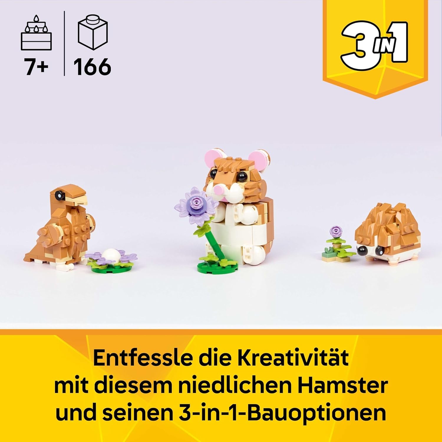 LEGO Creator 3In1 Cute Hamster with a Flower Toy - Animal Figure Transforms into a Hedgehog or Eagle - DIY Room Decor Idea - Birthday Gift for 7+ Year Old Girls & Boys - 31376