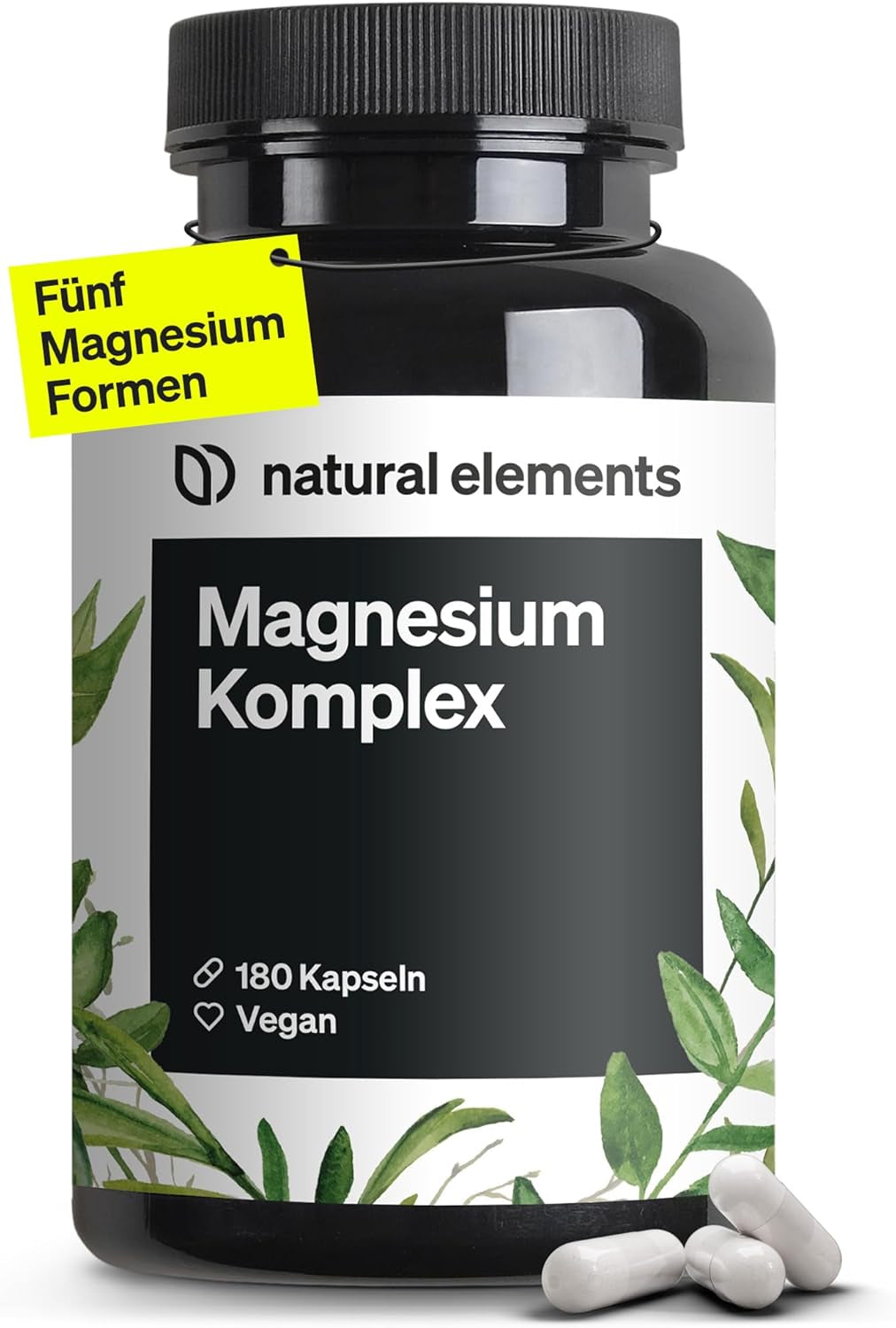 Natural Elements Magnesium Komplex - Premium: Aus 5 Hochwertigen Verbindungen - 400Mg Elementares Magnesium Pro Tagesdosis - Laborgeprüft, Vegan, Hochdosiert