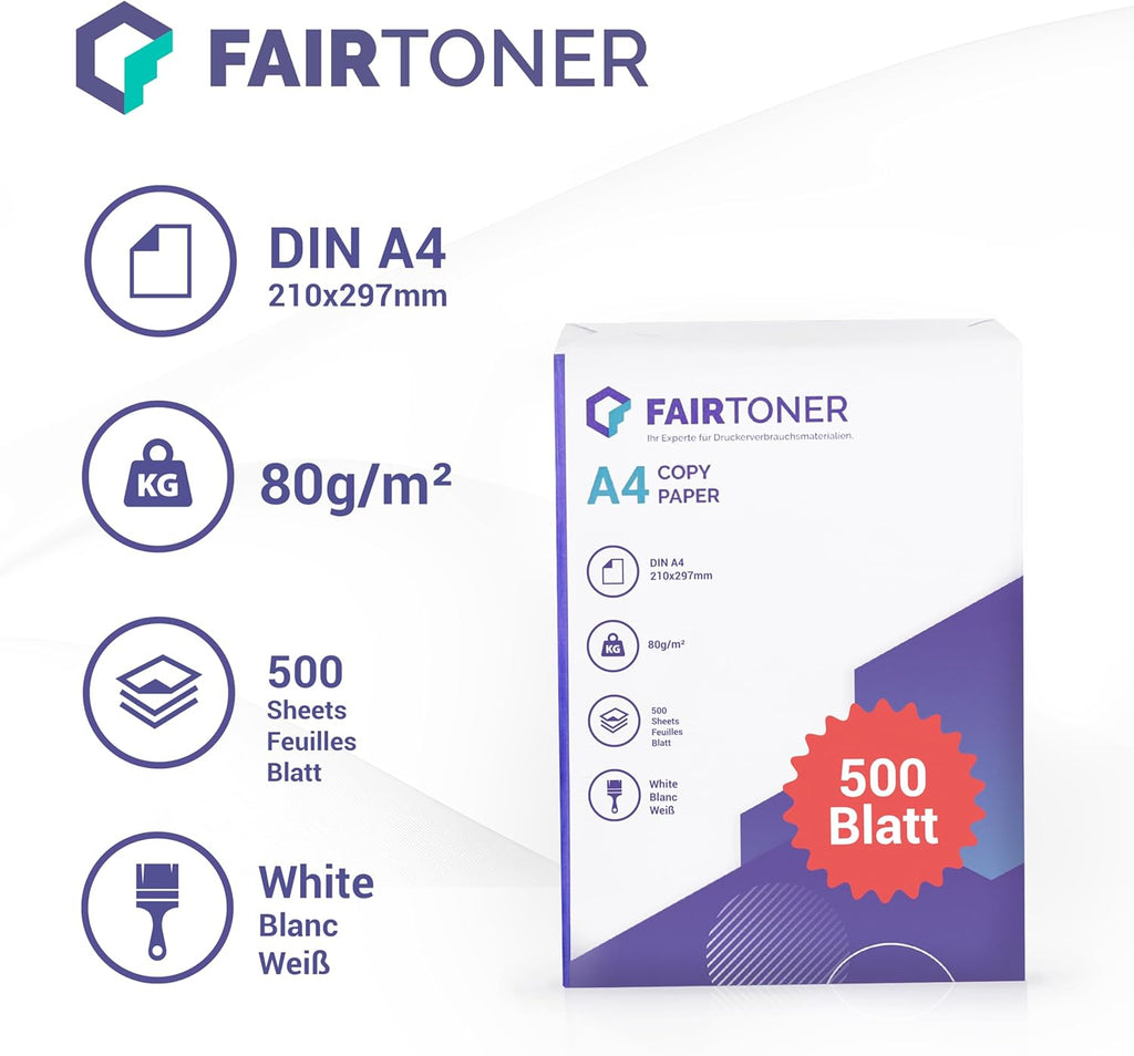 Fairtoner Kopierpapier 2500 Blatt DIN-A4 80G, Weiß (5 X 500 Blatt / 5Er Pack) Universal Druckerpapier Für Laserdrucker Und Tintenstrahldrucker Geeignet