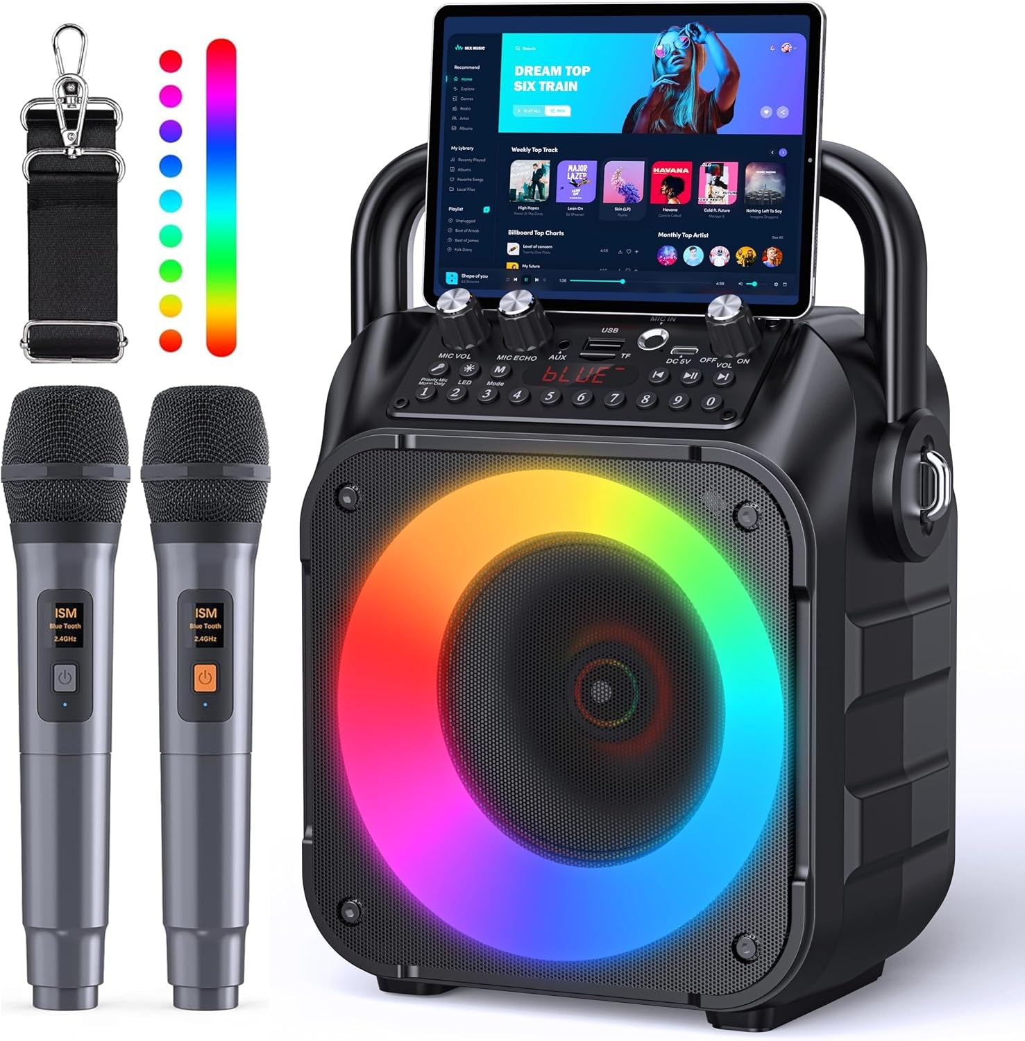 Karaoke Maschine Mit 2 Kabellosen Mikrofonen, [Neueste] Karaoke Anlage Für Erwachsene Und Kinder, Tragbare Karaoke Box Bluetooth Lautsprecher, Tv-Kompatibel, PA Lautsprecher Für Party Und Geburtstag