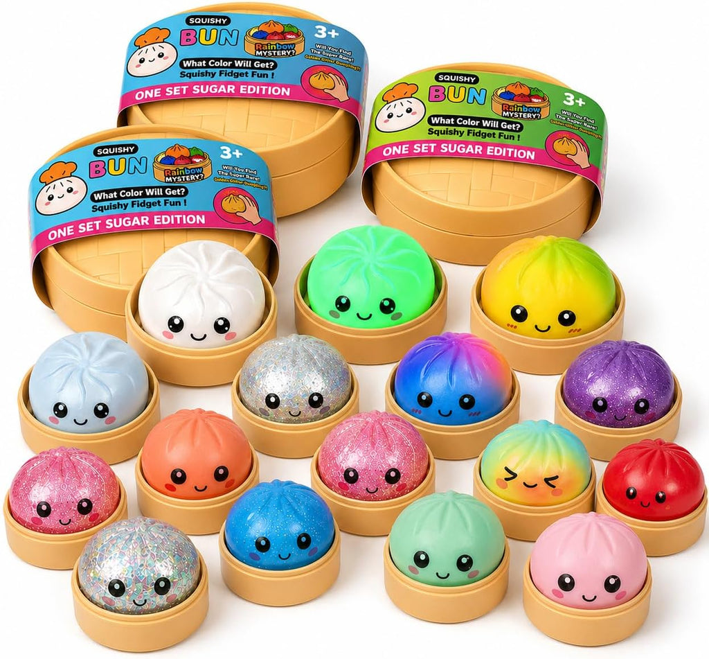 XXL Mystery Dumpling Squishy Buns 1Er, 3Er, 4Er Set – Glitter & Matt & Glow Überraschungsfarbe – 9,5Cm Squeeze Toy Mit Steamer Box – anti Stress Ball Knetball Baozi Mochi