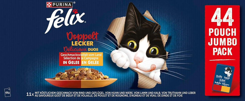 FELIX so Gut Wie Es Aussieht Nassfutter Für Katzen Geschmacksvielfalt Vom Land Vorteilspack, 44 Praktische Portionsbeutel, Zarte Stückchen in Gelee, 4 Leckere Sorten, 100% Vollständige Ernährung