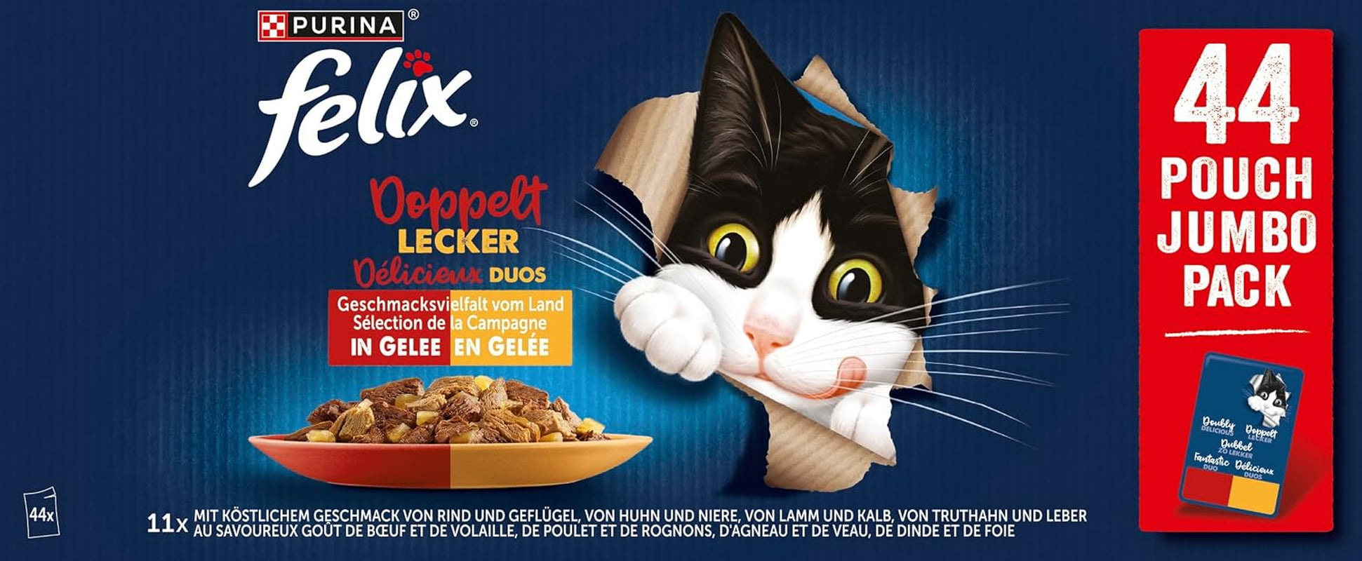 FELIX so Gut Wie Es Aussieht Nassfutter Für Katzen Geschmacksvielfalt Vom Land Vorteilspack, 44 Praktische Portionsbeutel, Zarte Stückchen in Gelee, 4 Leckere Sorten, 100% Vollständige Ernährung