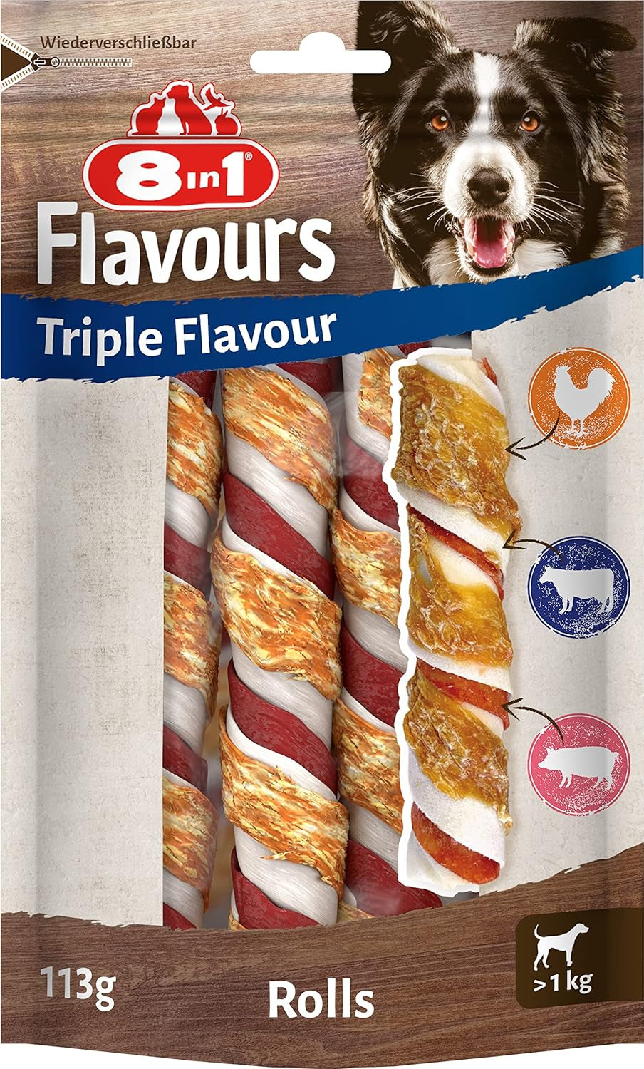 8In1 Triple Flavour Rolls Kaustangen Für Hunde - Kausnacks Mit Extra Viel Fleisch, 113G Beutel (3 Stück)
