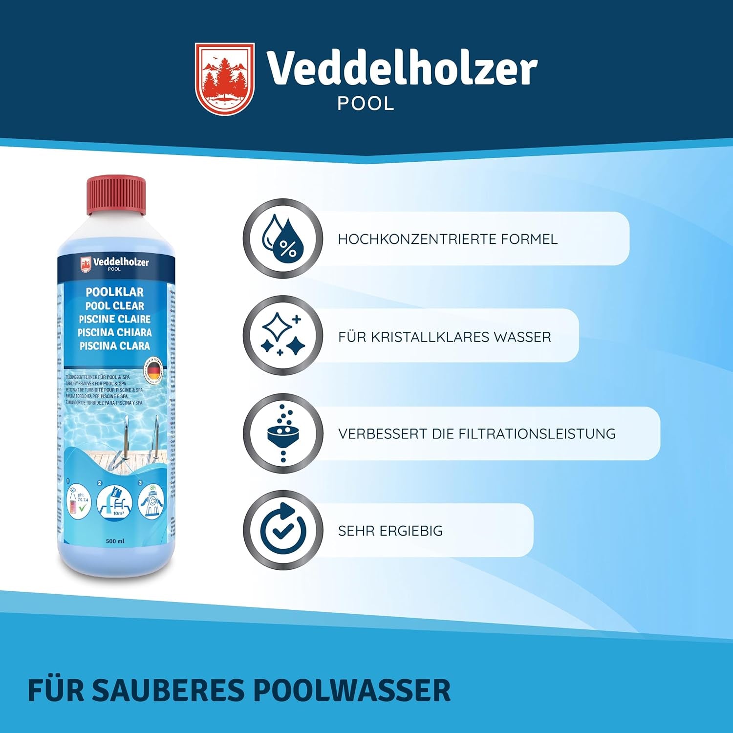 Veddelholzer Poolklar 0,5 L – Für Kristallklares Wasser in Pool, Whirlpool, Planschbecken. Wirksam Gegen Trübes Wasser, Geeignet Für Alle Filterarten Und Systeme