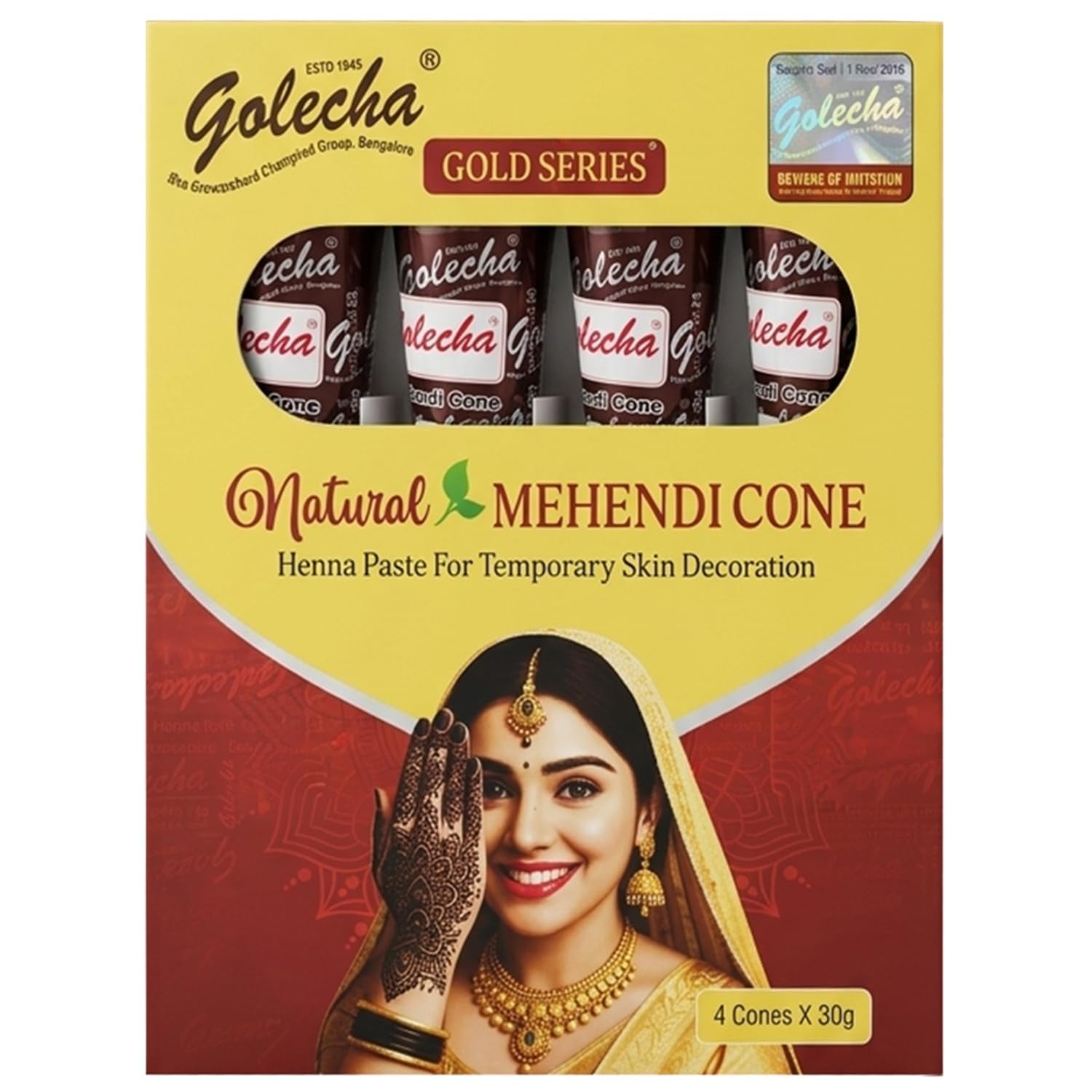 Golecha Henna-Kegel, Rötlich-Braun, 4Er-Pack | Die Verpackung Der Henna-Kegel Kann Variieren; Jeder Kegel Enthält Etwa 25 G Oder 30 G Hennapaste