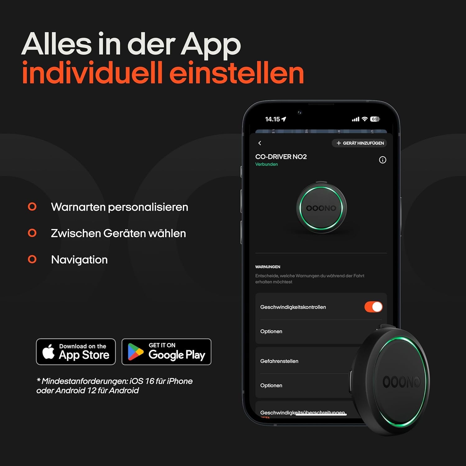 OOONO Co-Driver NO2 - Optimierter Co-Driver Fürs Auto - Warnt Vor Tempo-Kontrollen Und Gefahrenstellen - Wiederaufladbar - Led-Anzeige - Carplay & Android Auto Kompatibel