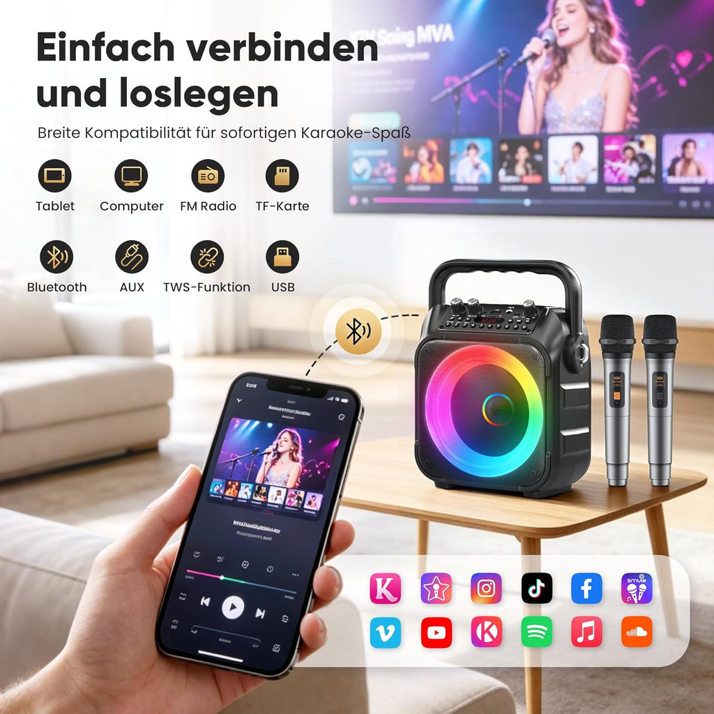 Karaoke Maschine Mit 2 Kabellosen Mikrofonen, [Neueste] Karaoke Anlage Für Erwachsene Und Kinder, Tragbare Karaoke Box Bluetooth Lautsprecher, Tv-Kompatibel, PA Lautsprecher Für Party Und Geburtstag