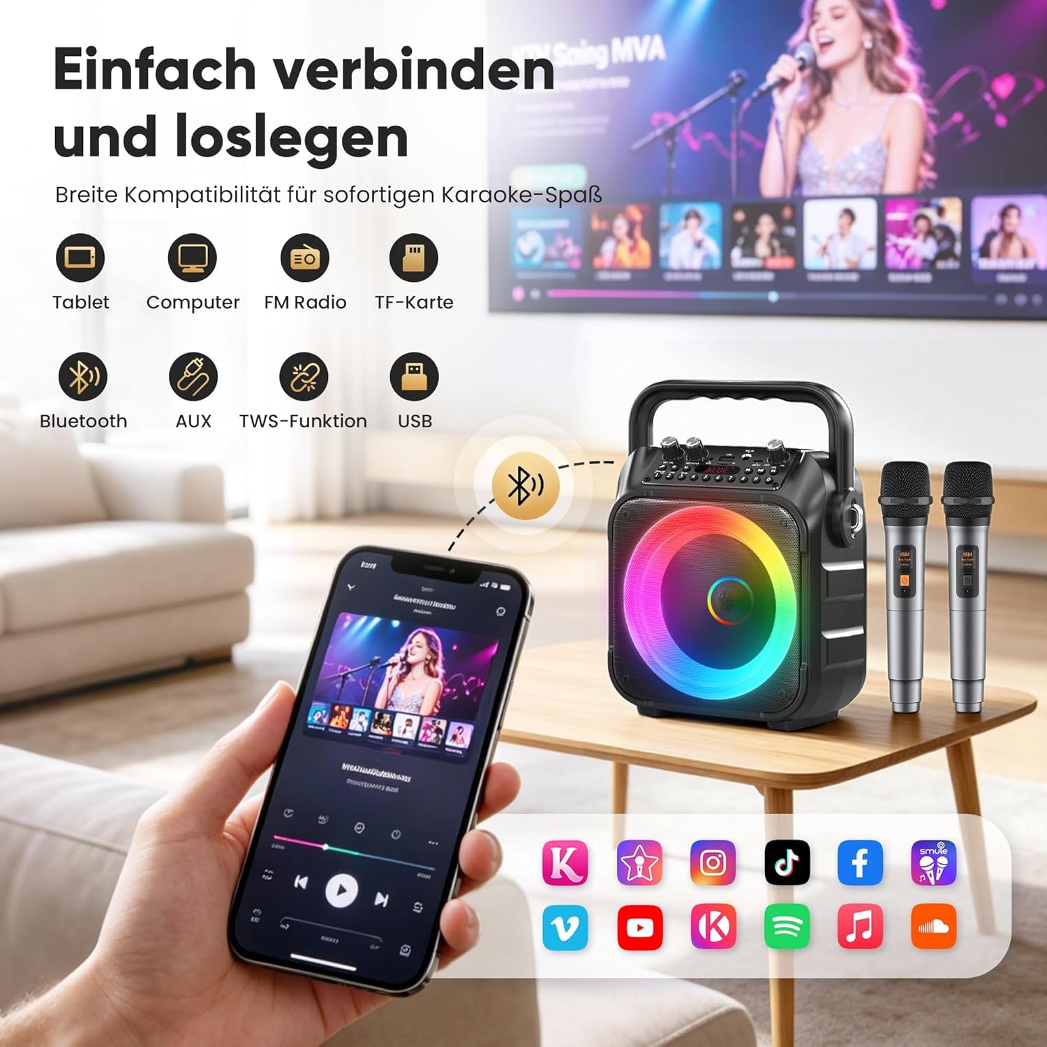 Karaoke Maschine Mit 2 Kabellosen Mikrofonen, [Neueste] Karaoke Anlage Für Erwachsene Und Kinder, Tragbare Karaoke Box Bluetooth Lautsprecher, Tv-Kompatibel, PA Lautsprecher Für Party Und Geburtstag