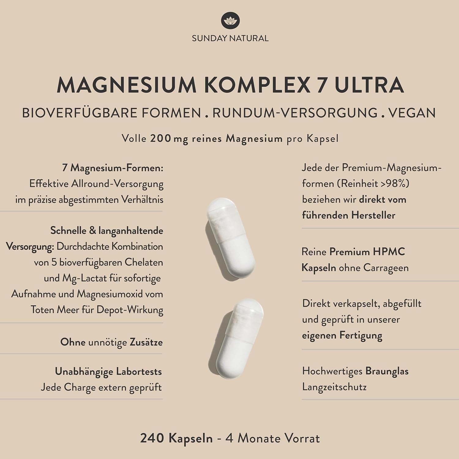SUNDAY NATURAL® Magnesium Komplex – 240 Kapseln - 400Mg Pro Tag - Aus 7 Verbindungen: Magnesium Bisglycinat, Citrat, Malat, Laktat, Ascorbat, Oxid, Lysinat - Vegan, Laborgeprüft