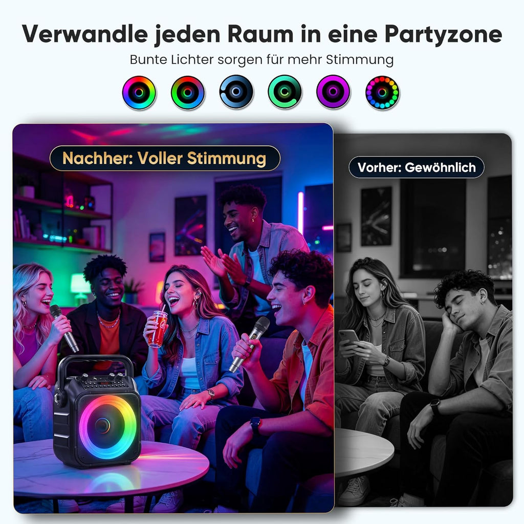 Karaoke Maschine Mit 2 Kabellosen Mikrofonen, [Neueste] Karaoke Anlage Für Erwachsene Und Kinder, Tragbare Karaoke Box Bluetooth Lautsprecher, Tv-Kompatibel, PA Lautsprecher Für Party Und Geburtstag