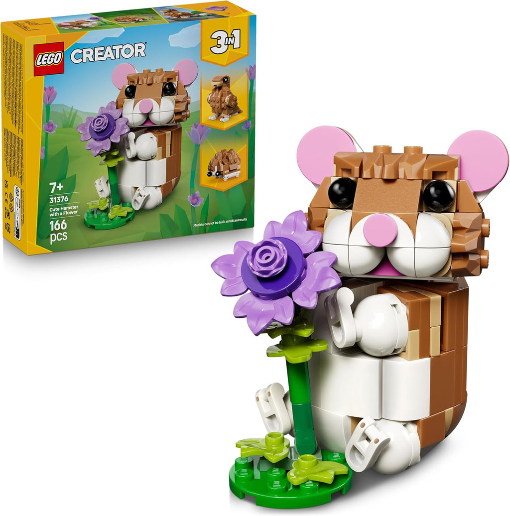 LEGO Creator 3In1 Cute Hamster with a Flower Toy - Animal Figure Transforms into a Hedgehog or Eagle - DIY Room Decor Idea - Birthday Gift for 7+ Year Old Girls & Boys - 31376