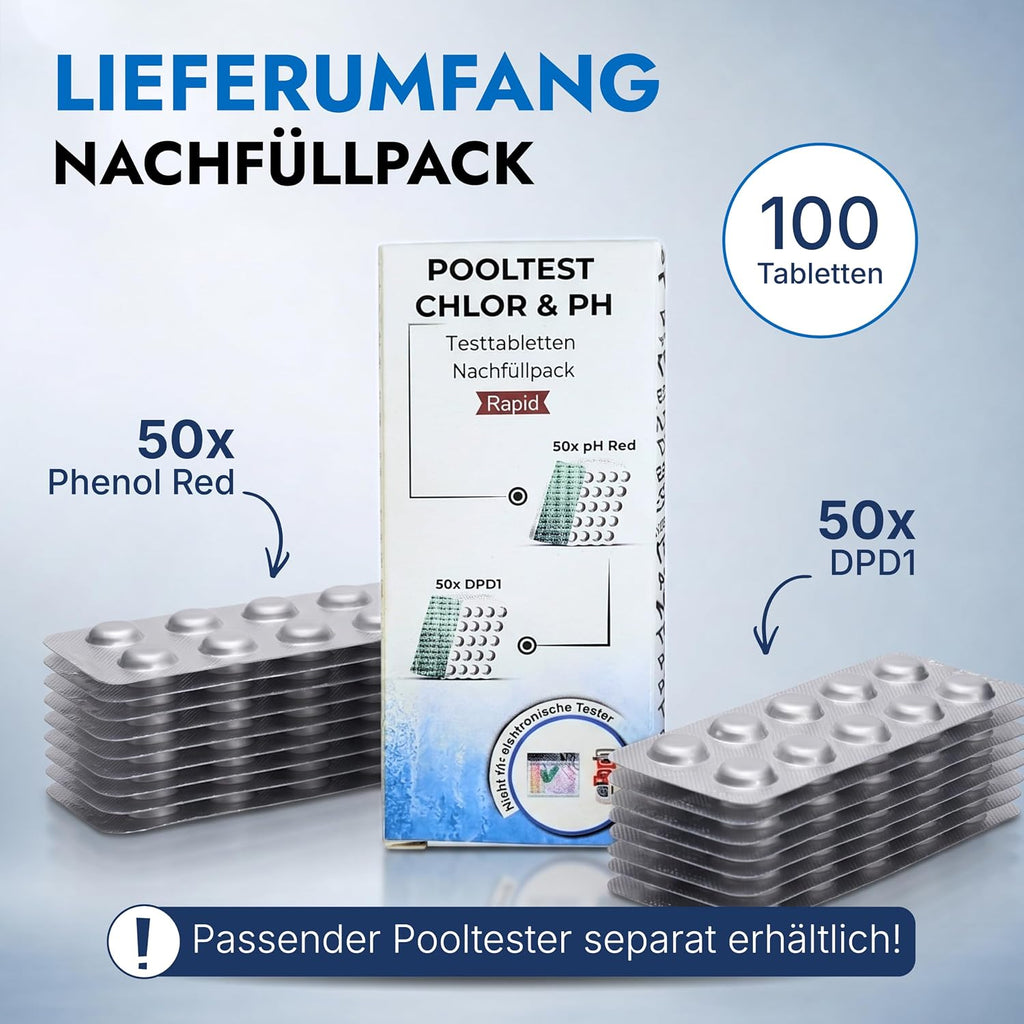 Pooltester Nachfülltabletten 100 Stück | 50X DPD1 Für Freies Chlor & Brom + 50X Phenol Red Für Ph-Wert | Rapid Wassertest Tabletten Für Pool, Whirlpool & Spa | Passend Für Schütteltester