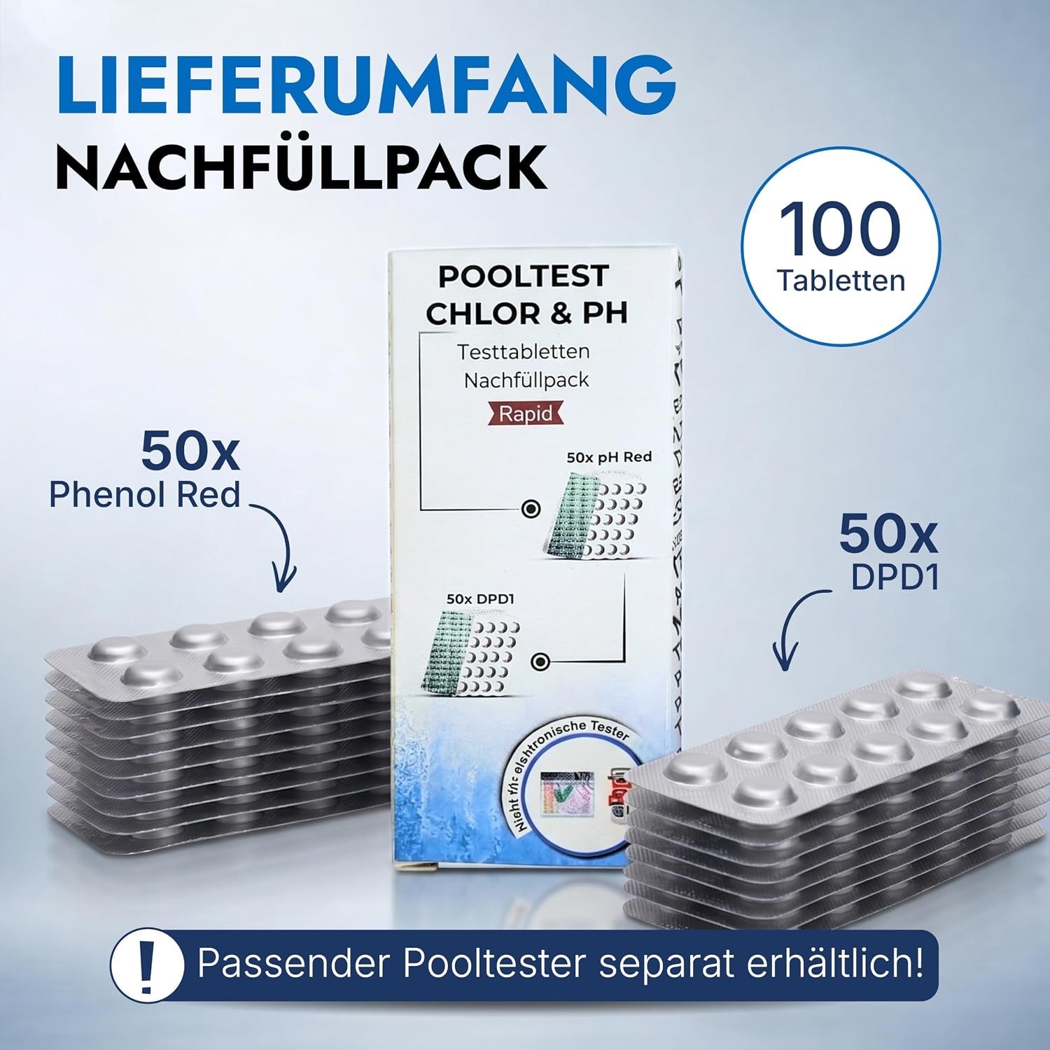 Pooltester Nachfülltabletten 100 Stück | 50X DPD1 Für Freies Chlor & Brom + 50X Phenol Red Für Ph-Wert | Rapid Wassertest Tabletten Für Pool, Whirlpool & Spa | Passend Für Schütteltester