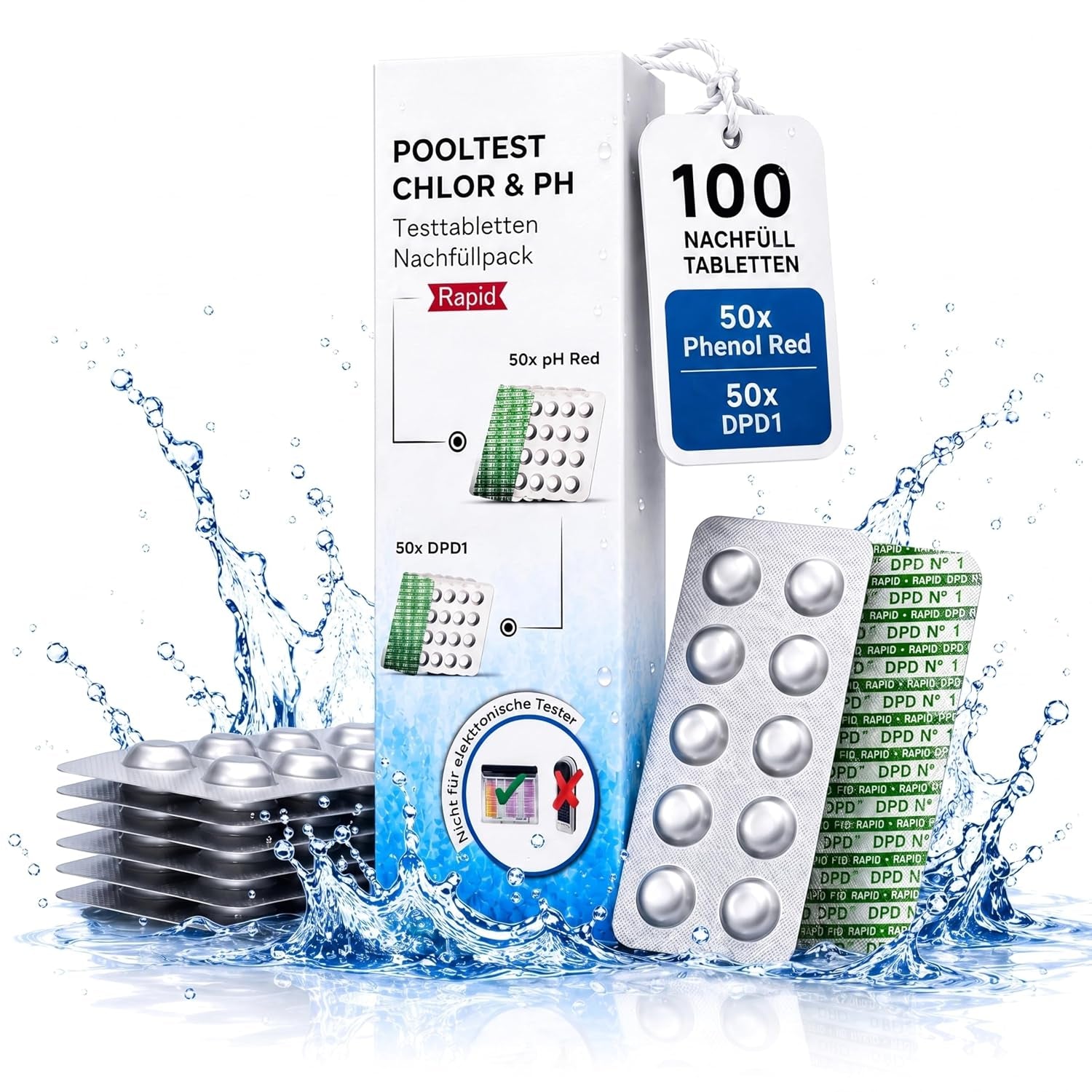 Pooltester Nachfülltabletten 100 Stück | 50X DPD1 Für Freies Chlor & Brom + 50X Phenol Red Für Ph-Wert | Rapid Wassertest Tabletten Für Pool, Whirlpool & Spa | Passend Für Schütteltester