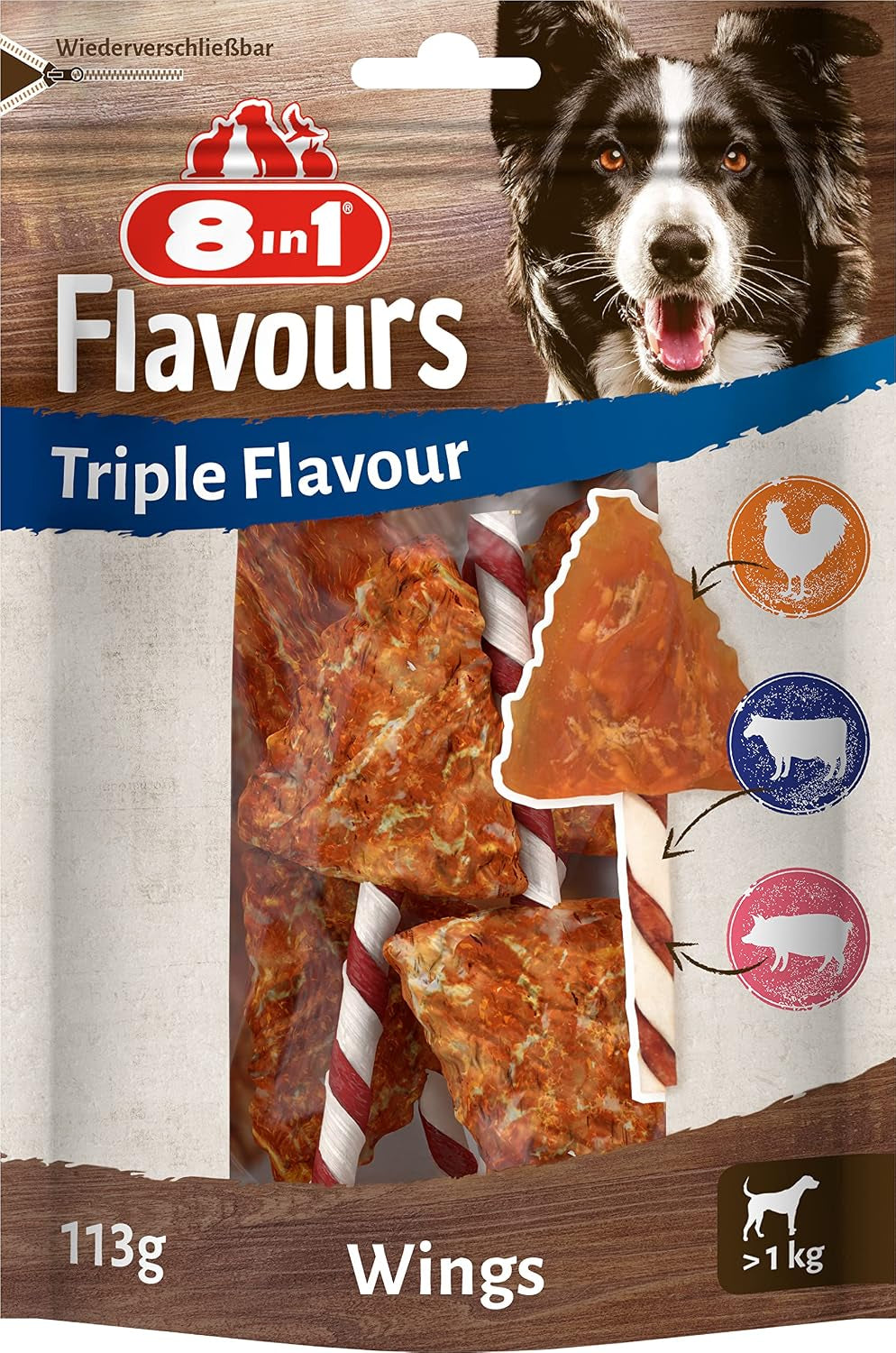 8In1 Triple Flavour Rolls Kaustangen Für Hunde - Kausnacks Mit Extra Viel Fleisch, 113G Beutel (3 Stück)