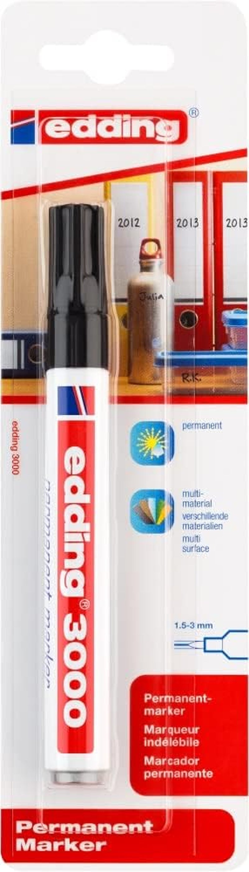 Edding 3000 Permanentmarker - Schwarz - 1 Stift - Rund-Spitze 1,5-3 Mm - Schnell Trocknender Permanent Marker - Wasserfest, Wischfest - Für Karton, Kunststoff, Holz, Metall - Universalmarker