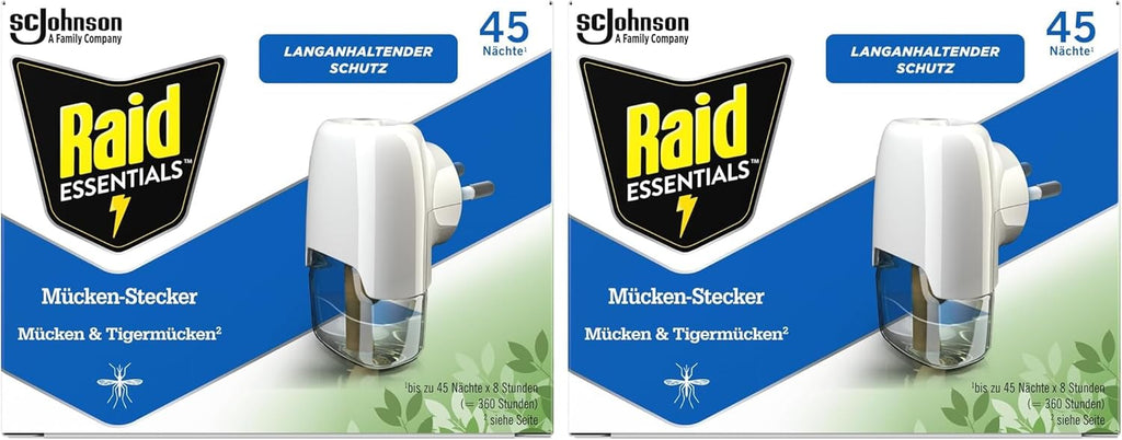 Raid Essentials Mückenstecker 45 Nächte, Elektrischer Insekten-Schutz Vor Mücken & Tigermücken, Mit Pflanzlichen Wirkstoffen, Geruchsneutral, 1Er Pack (1 X 32 Ml)