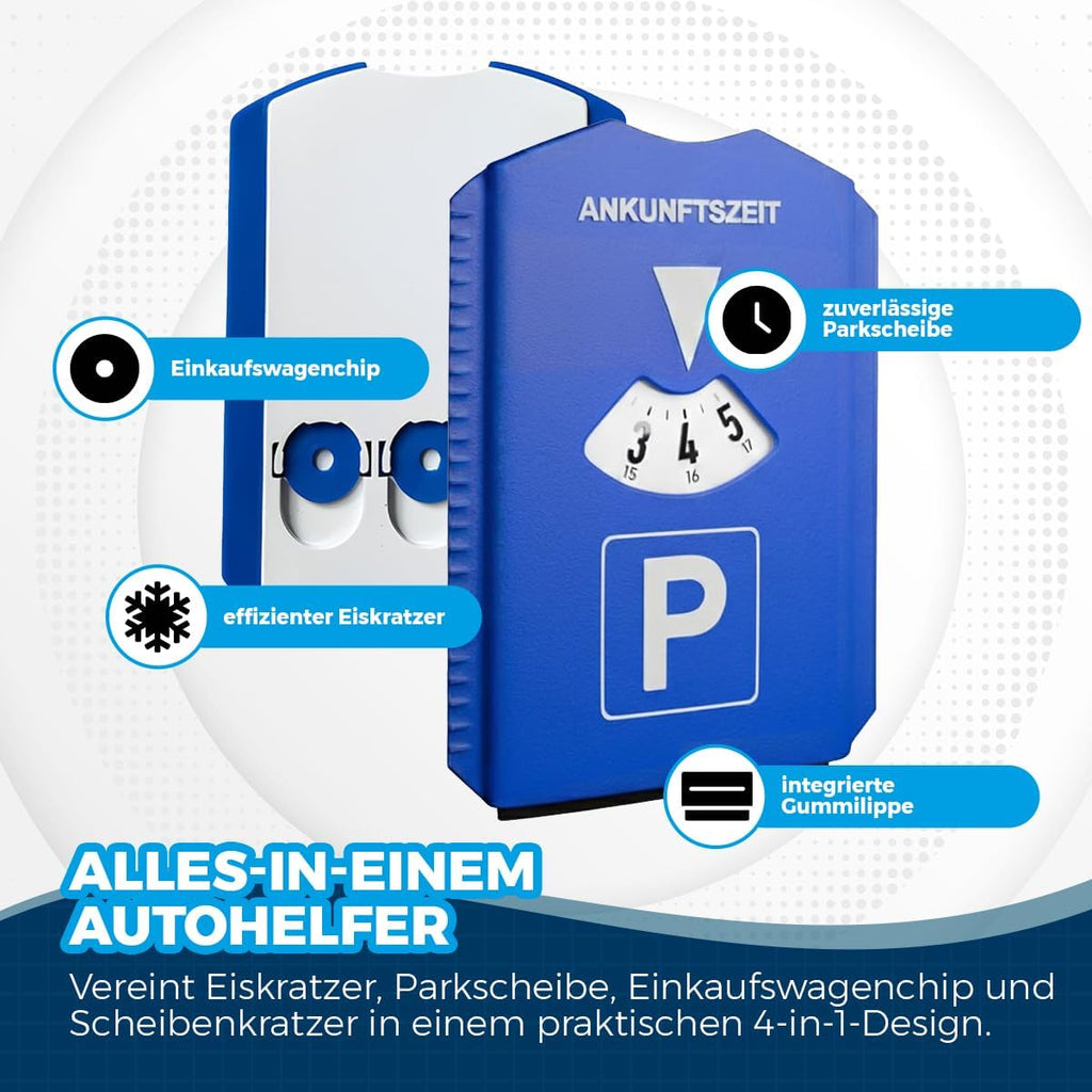VZL Parkscheibe Mit Eiskratzer, 3 Einkaufswagenchip & Scheibenkratzer - Parkuhr Mit Schneekratzer Für Auto, LKW - Praktischer Kratzer Mit Einkaufschip - Parkscheiben Für Winter - Stvo Konformität